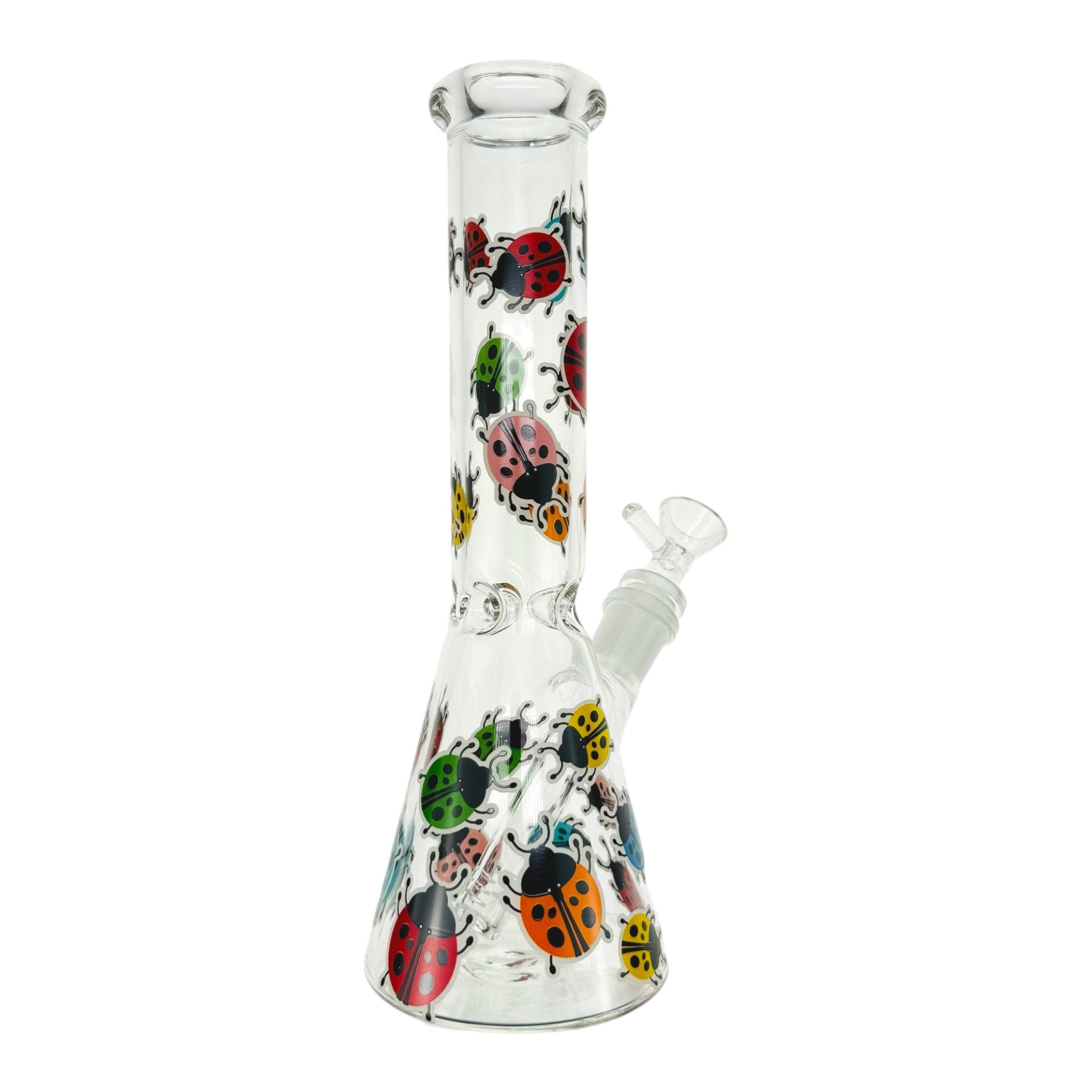 Clear Beaker Glass Bong With Rainbow Lady Bugs 10 Inch