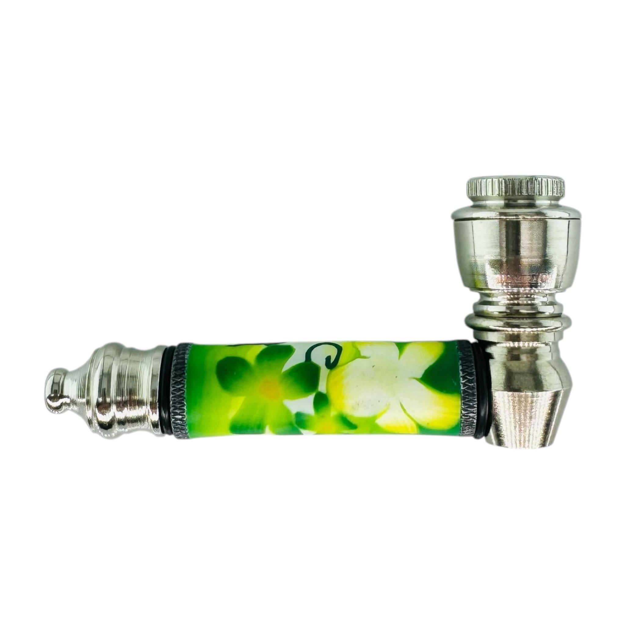 Metal smoking Hand Pipes - Silver Chrome Hand Pipe With Green Cherry Blossoms