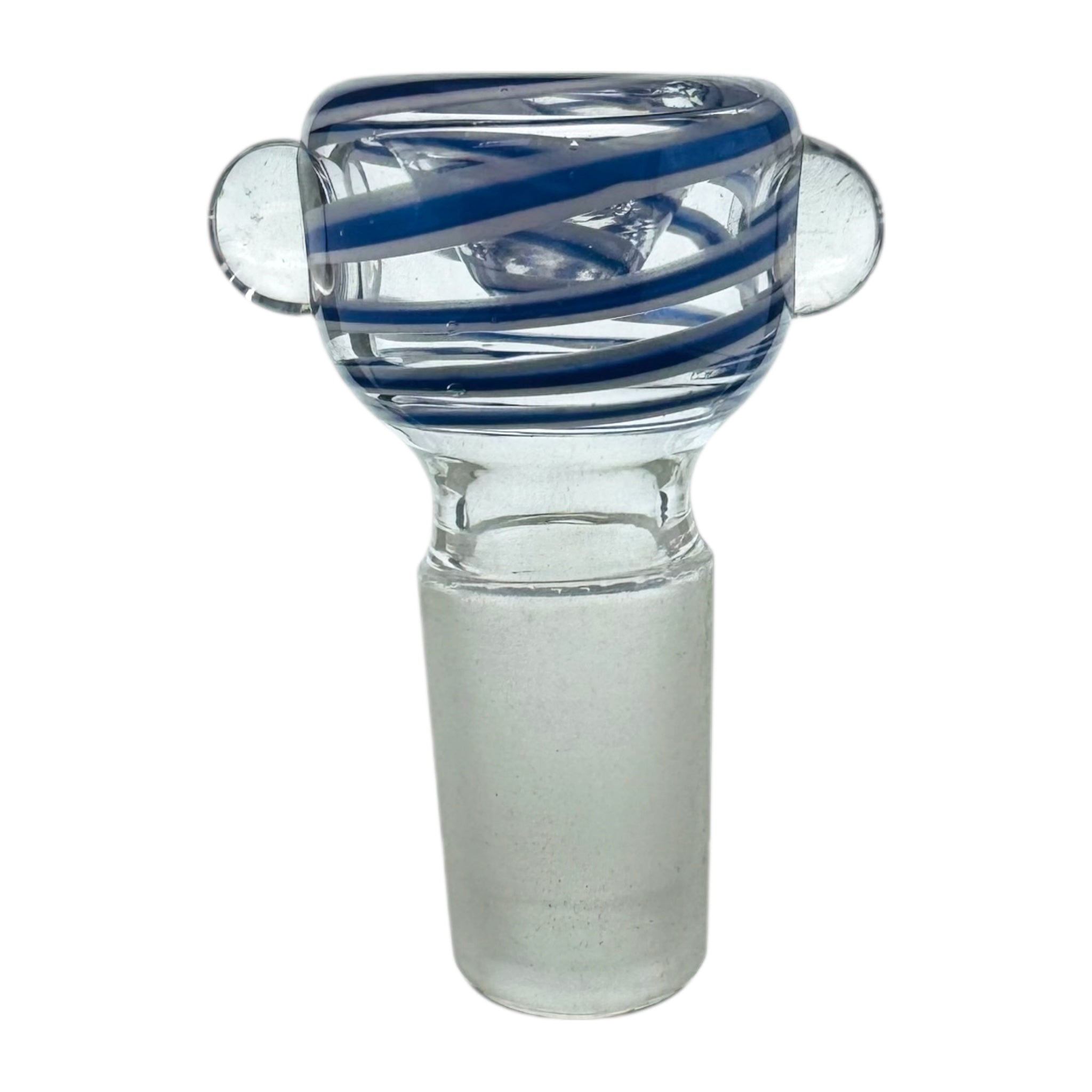 Clear glass smoking accessory with blue stripes on a white background