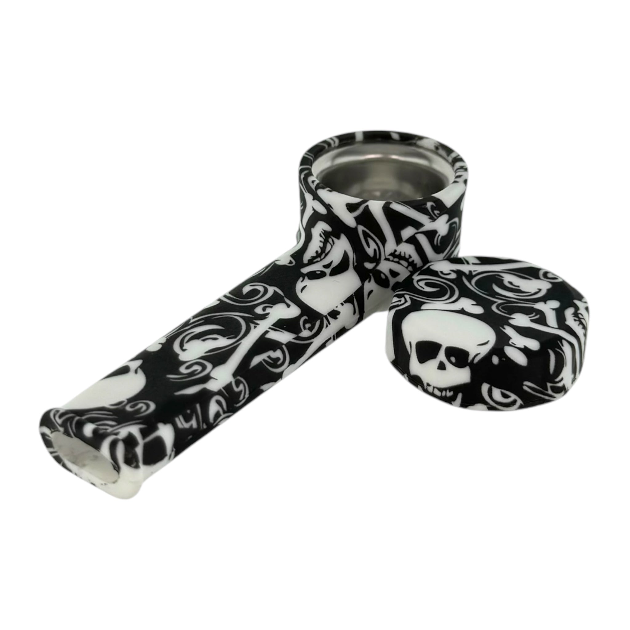 Small Skull And Bones Silicone Hand Pipe With Metal Bowl