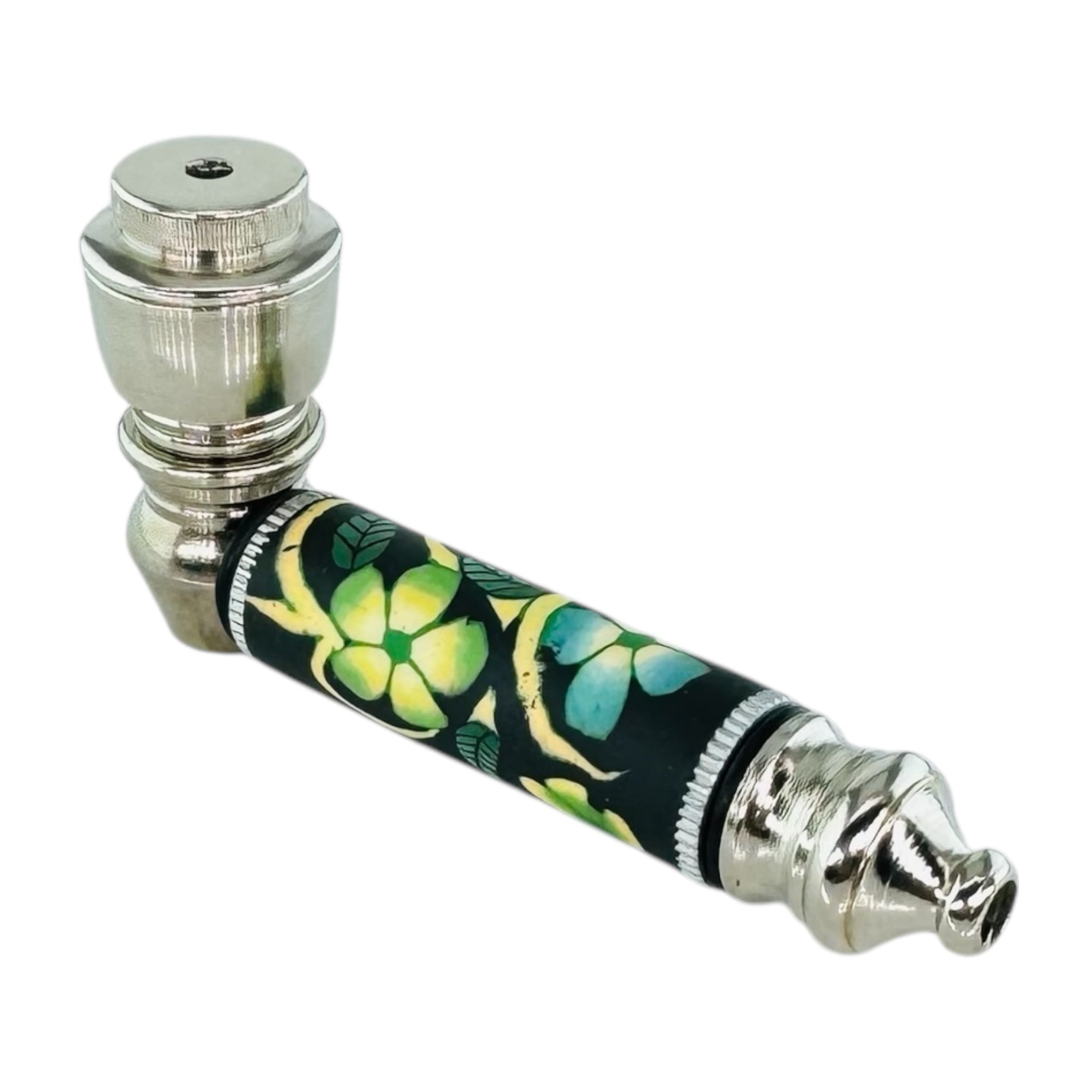 cute Metal Hand Pipes - Silver Chrome Hand Pipe With Black & Green Cherry Blossoms