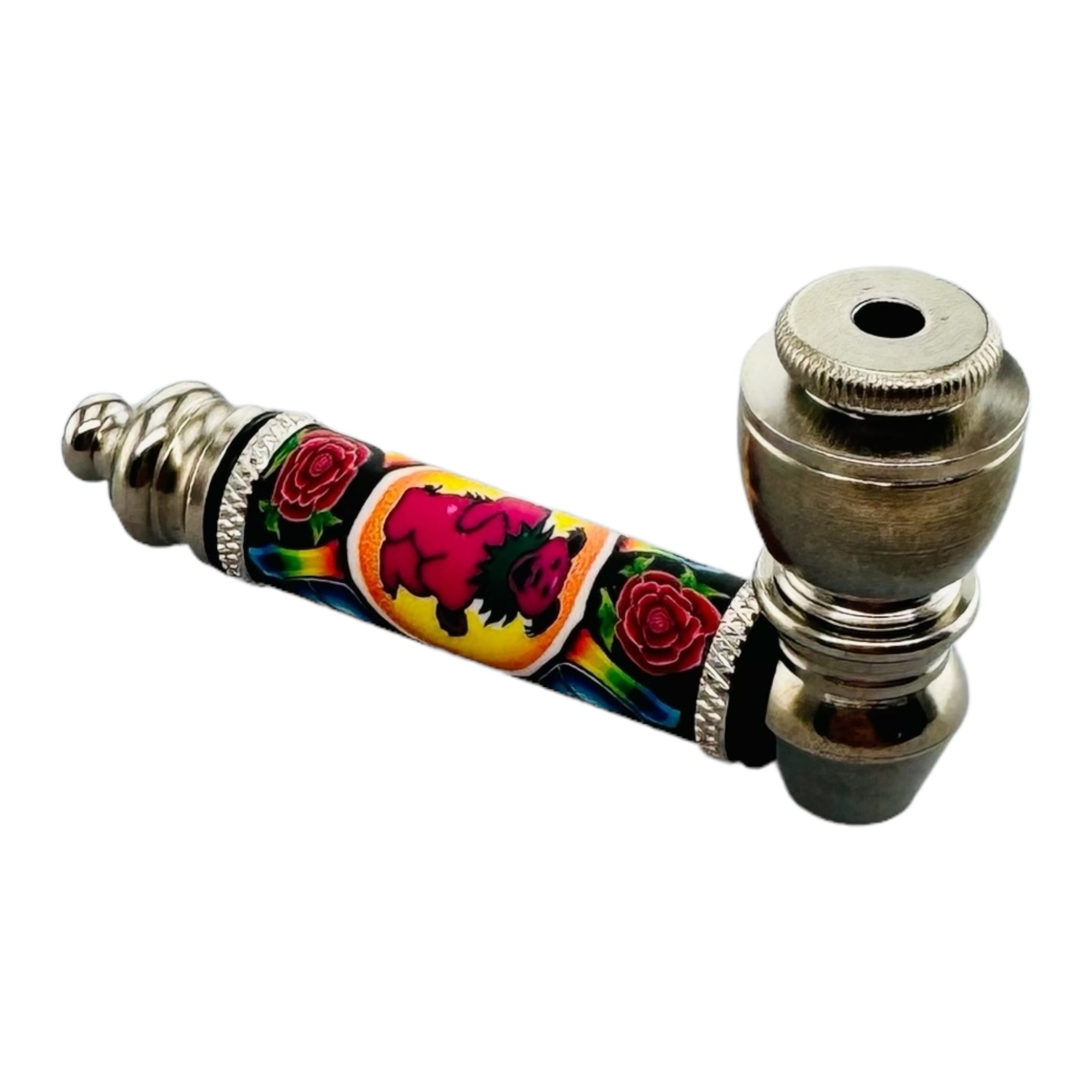 Metal Hand Pipes - Silver Chrome Hand Pipe With Dancing Bear And Flowers
