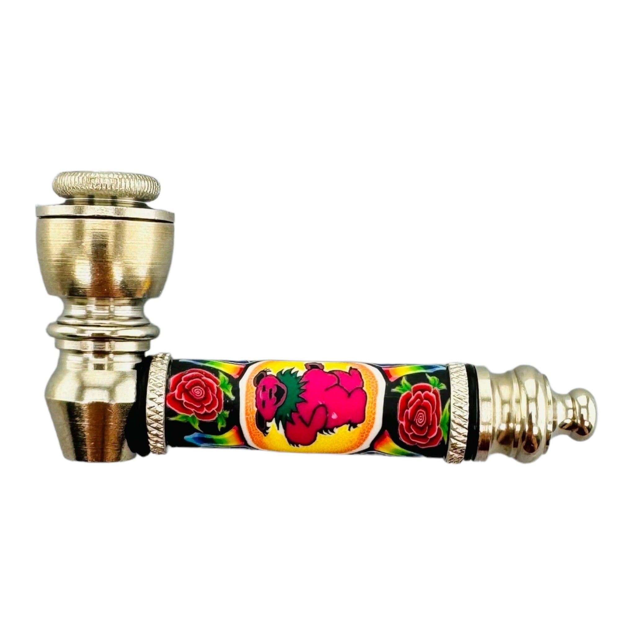 Metal Hand Pipes - Silver Chrome Hand Pipe With Dancing Bear And Flowers