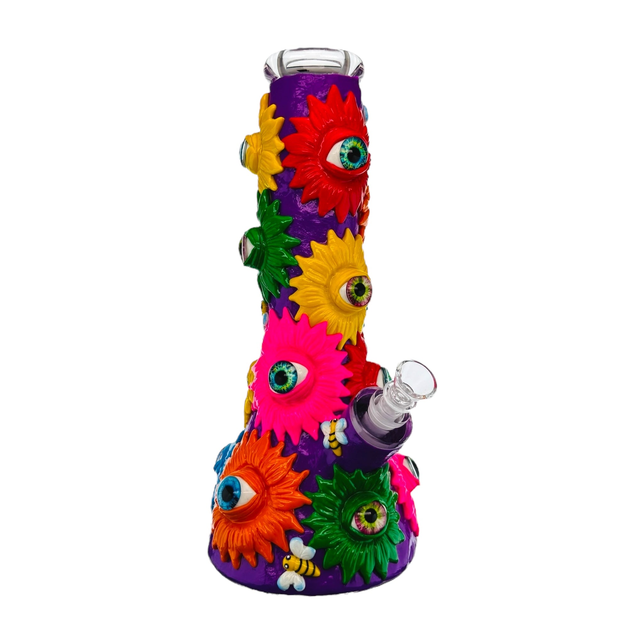 Colorful glass smoking device with floral designs on a white background