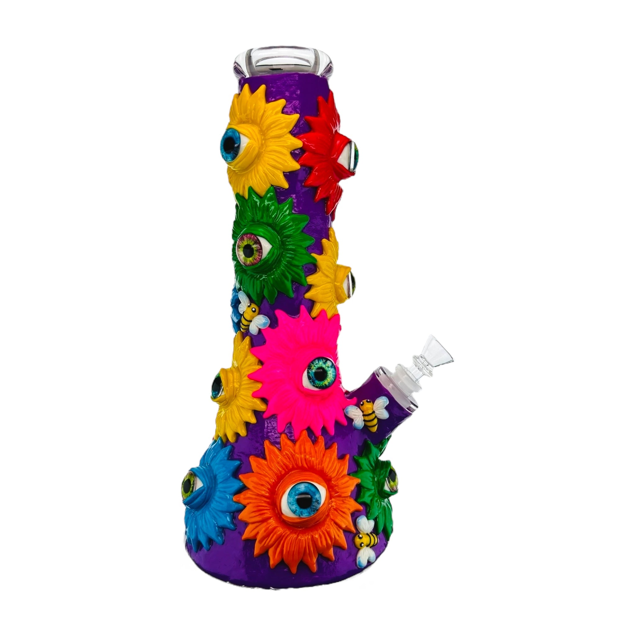 monster bong smoking device with floral designs on a white background