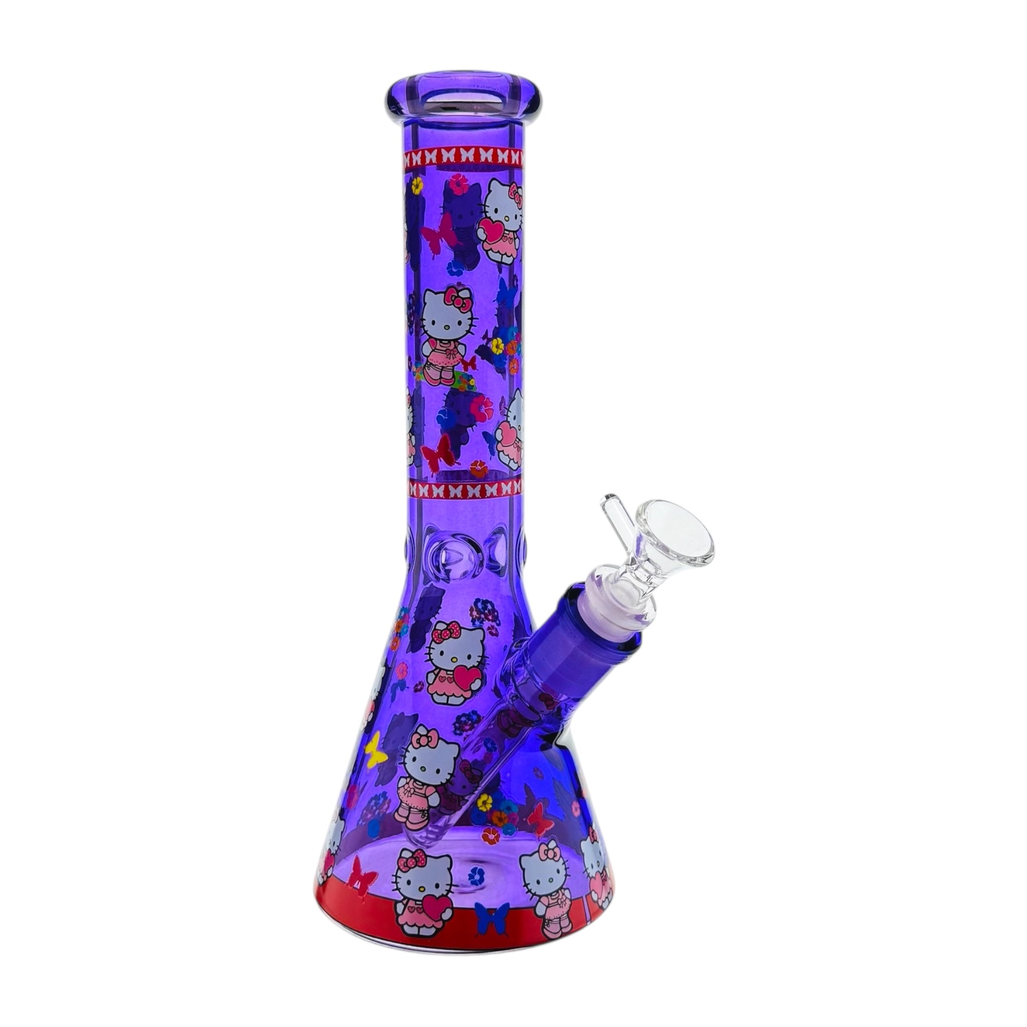 Purple glass water pipe with Hello Kitty design on a white background
