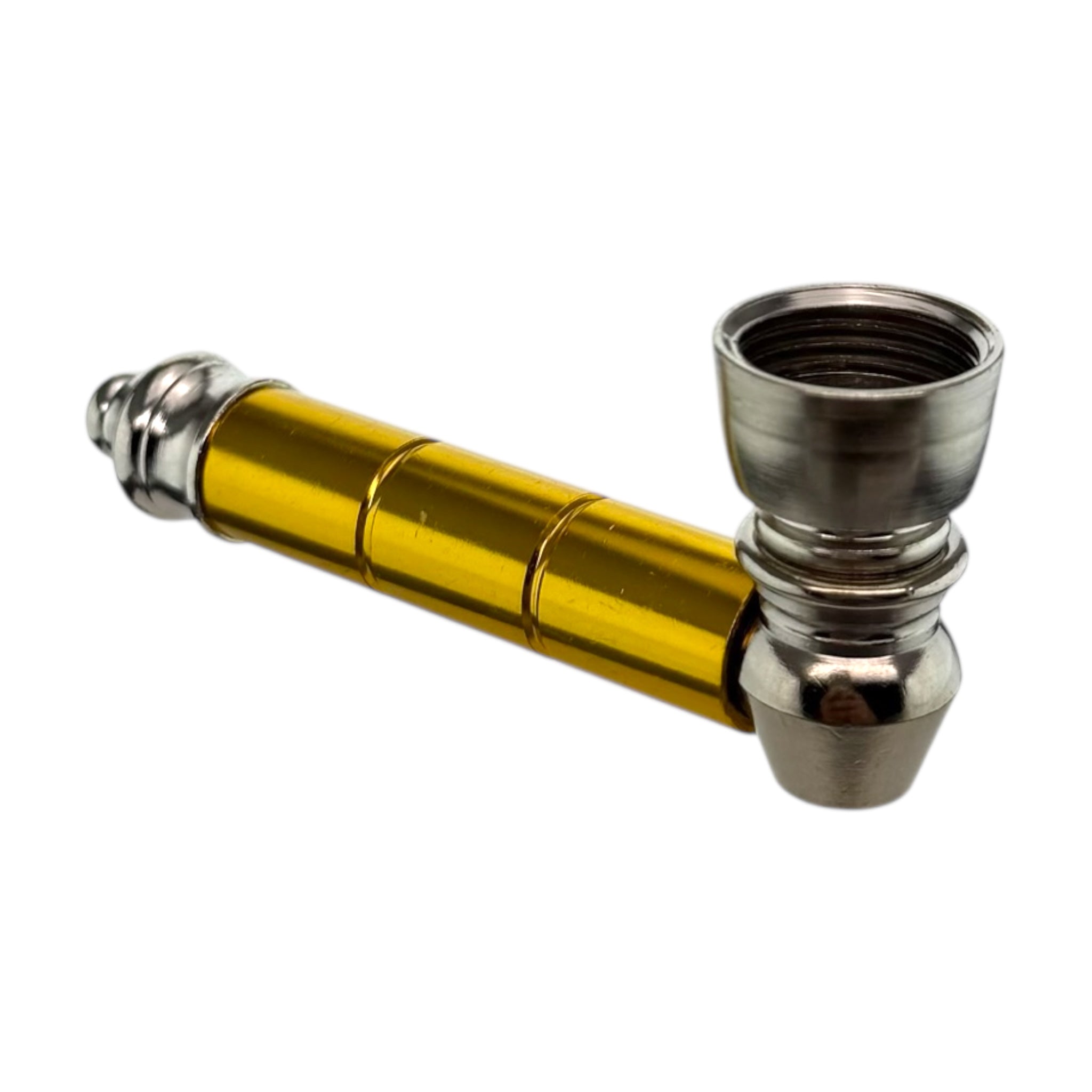 Metallic smoking pipe with gold and silver finish on a white background