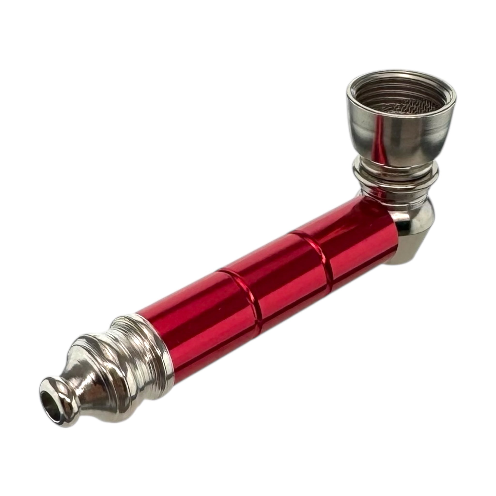 Red metal pipe with silver accents on a white background