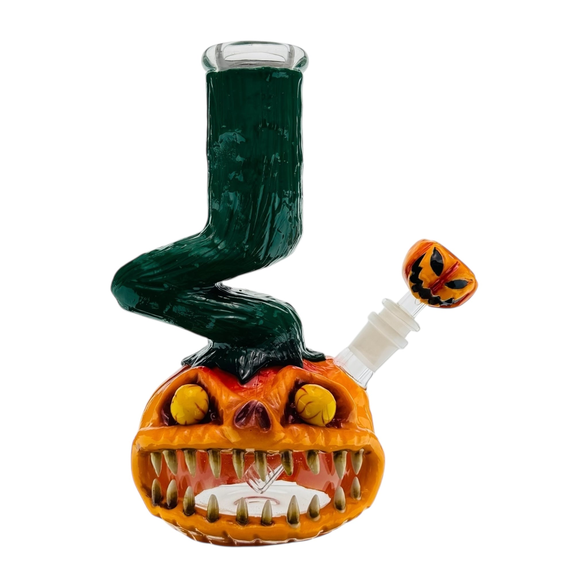 Spooky Jack'o'Lantern With Zong Neck Glass Monster Bong 10 Inch on white back ground