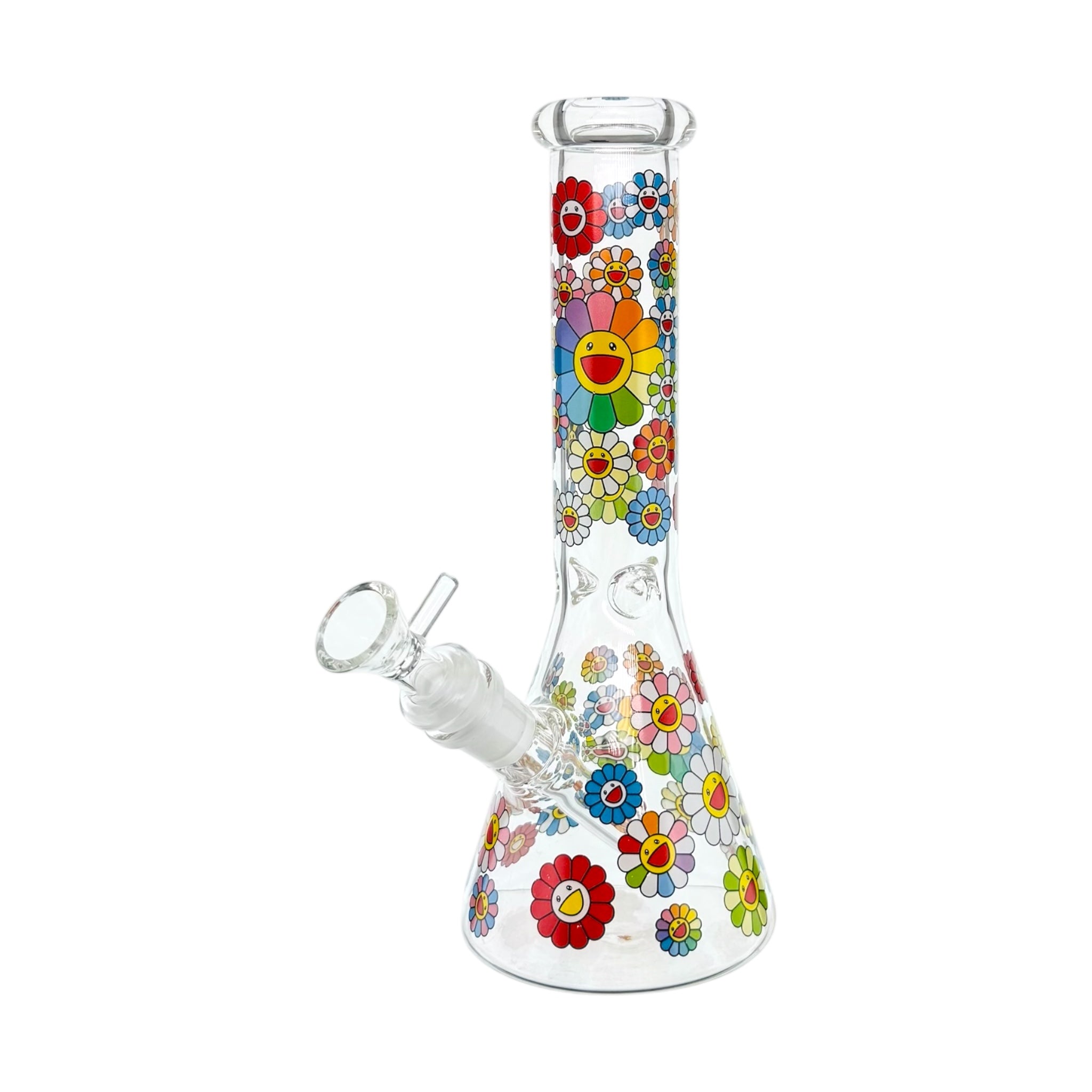 Clear Beaker Glass Bong With Happy Smiling Daisy Flowers 10 Inch