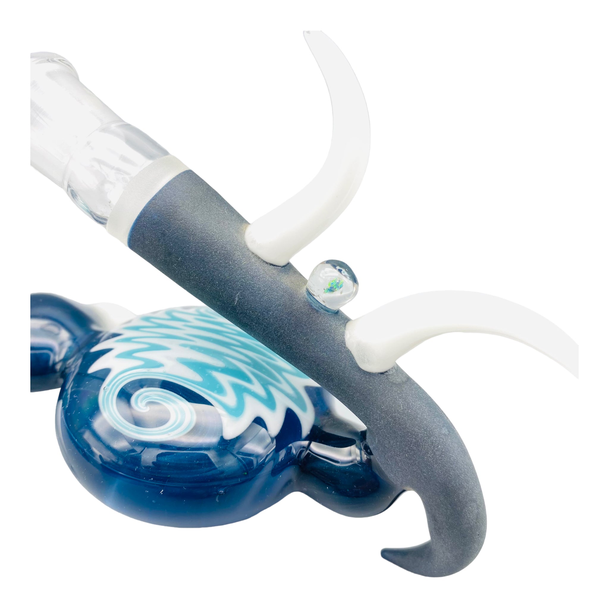 Large Blue Wig Wag Pull Bowl Custom Glass Dry Hand Pipe With Large Horns And Opals