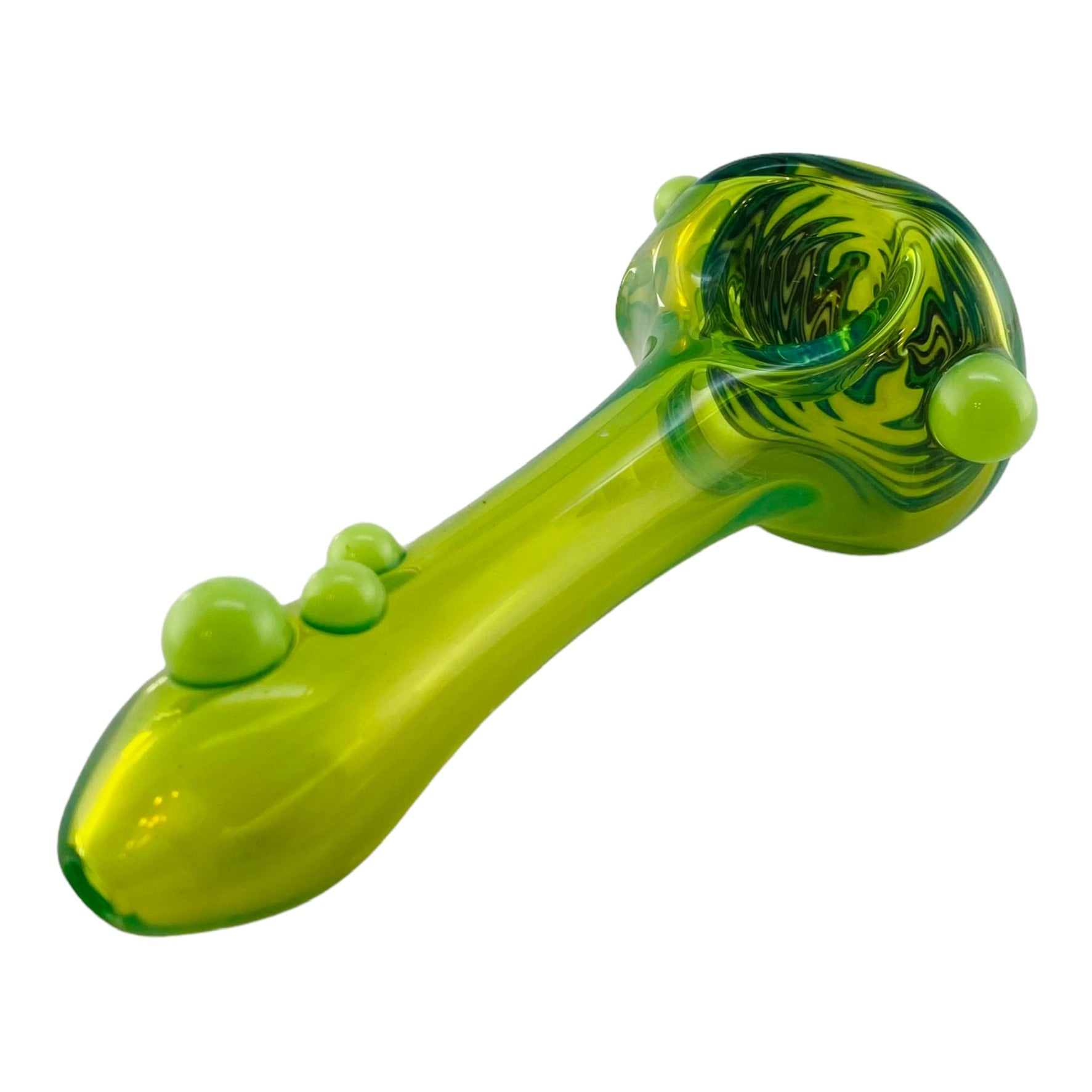 Translucent Green With Yellow/Green/Black Wig Wag End - Glass Hand Pipe