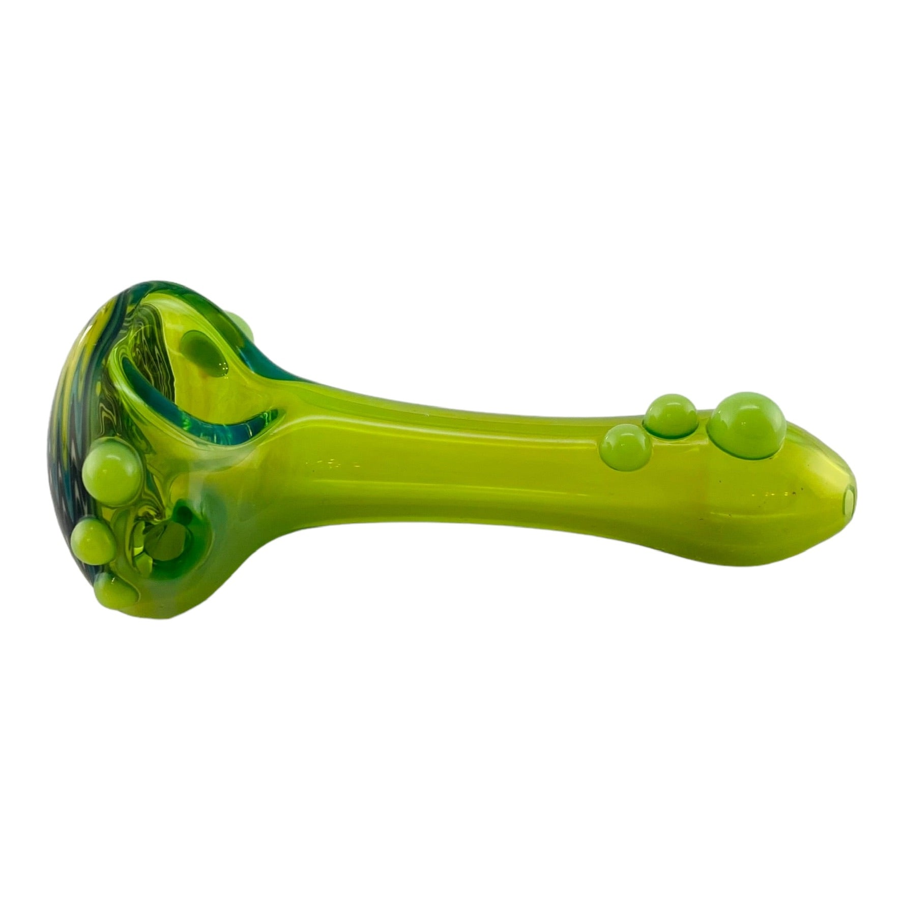 Translucent Green With Yellow/Green/Black Wig Wag End - Glass Hand Pipe