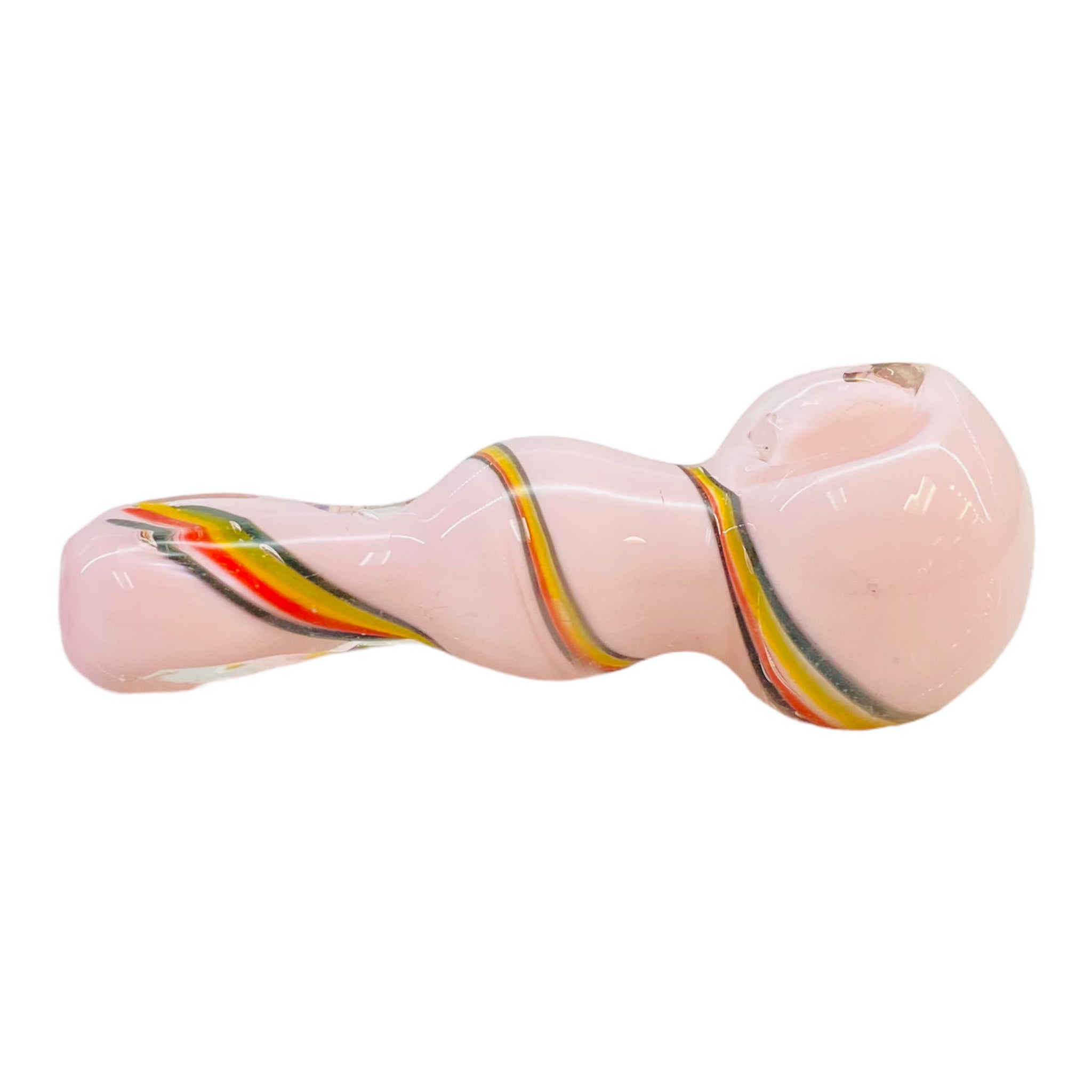 Pink Glass Hand Pipe With Rasta Linework Twirl And Flat Mouthpiece