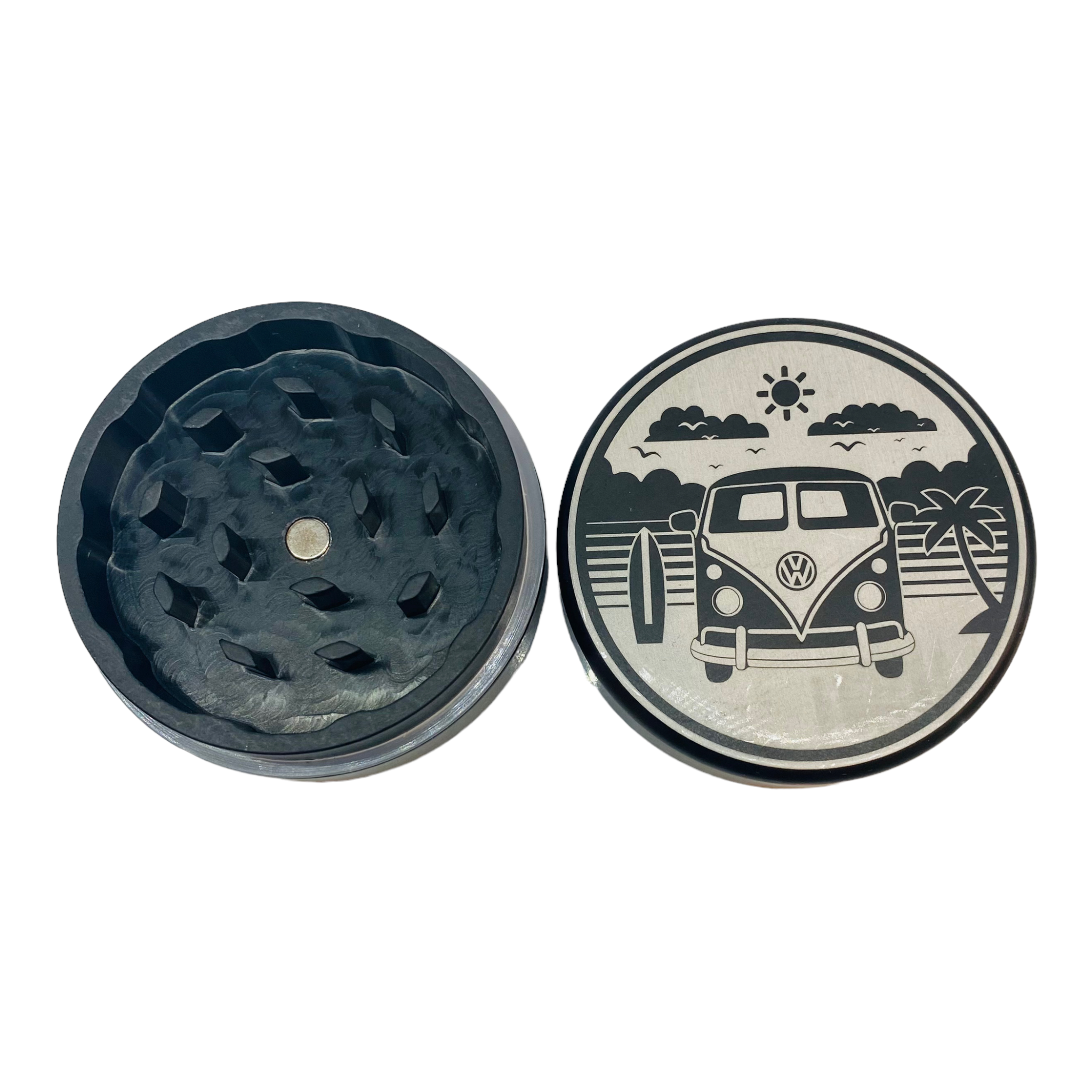 Tahoe Grinders - Black Anodized Aluminum Large Two Piece Herb Grinder With VW Bus On Beach