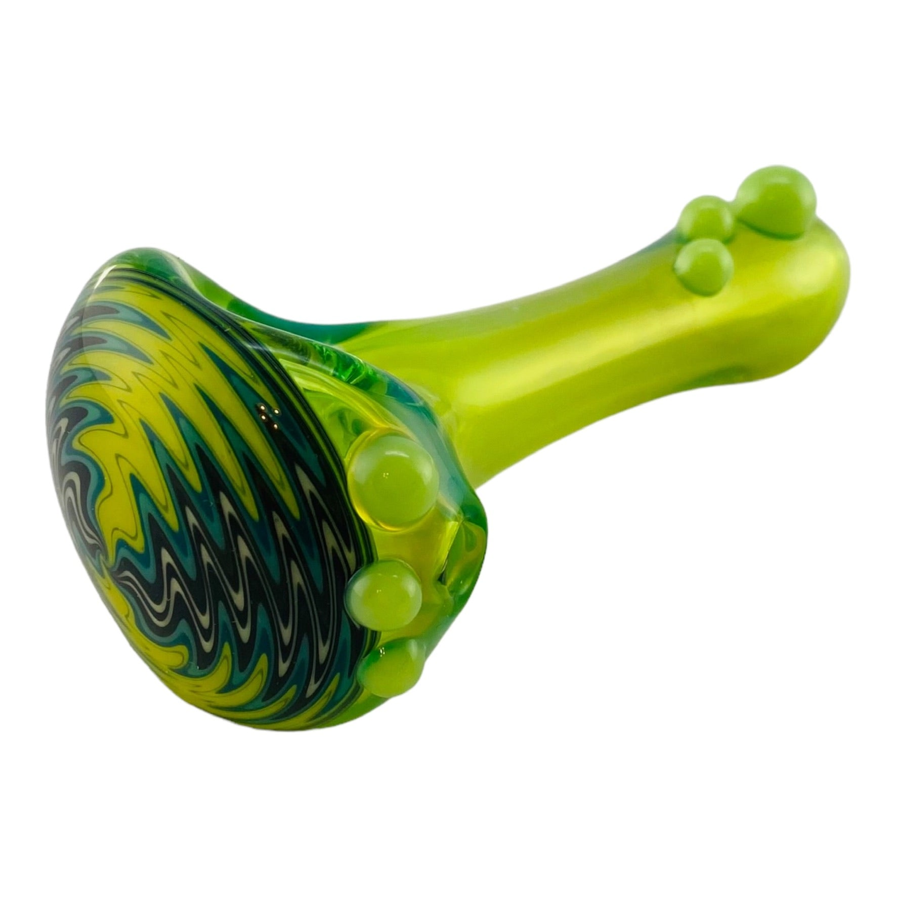 Translucent Green With Yellow/Green/Black Wig Wag End - Glass Hand Pipe