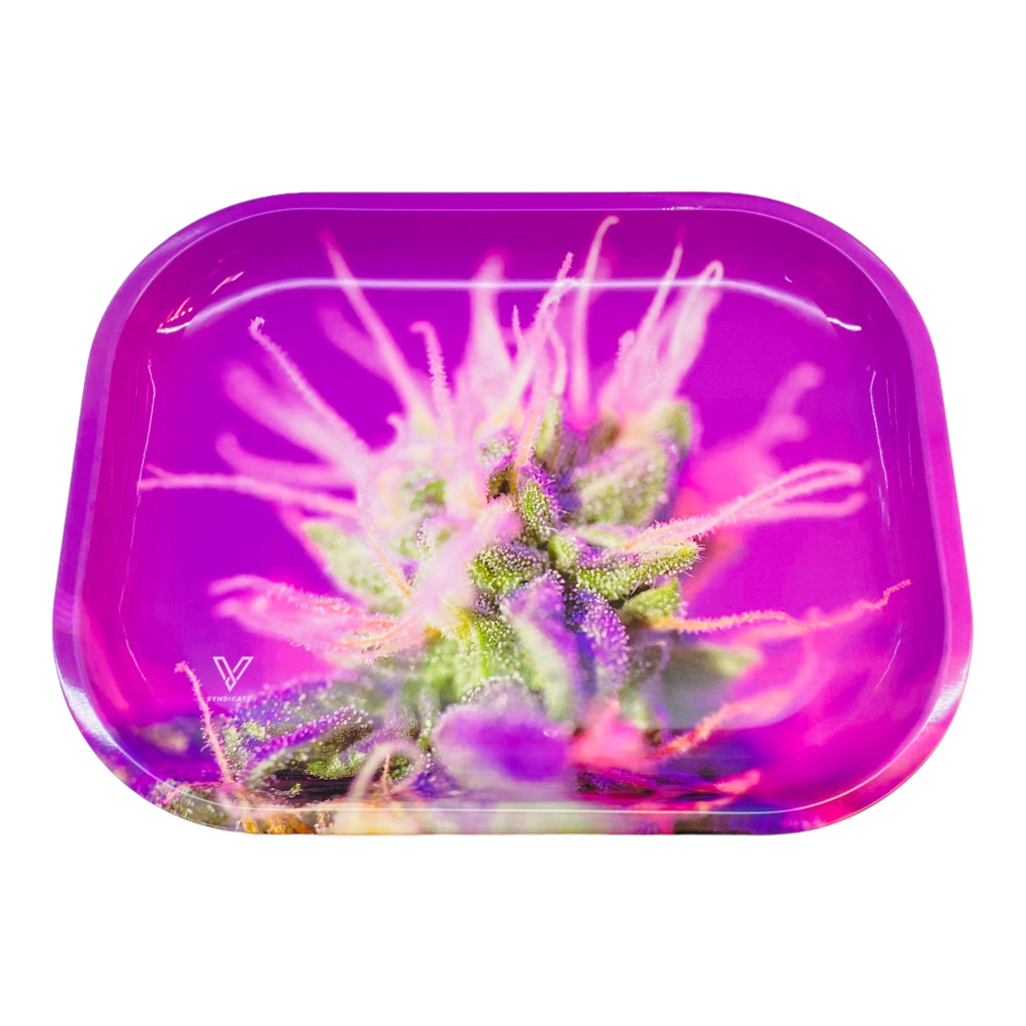 V Syndicate Metal Rolling Tray Small Pink Chronic Bud
