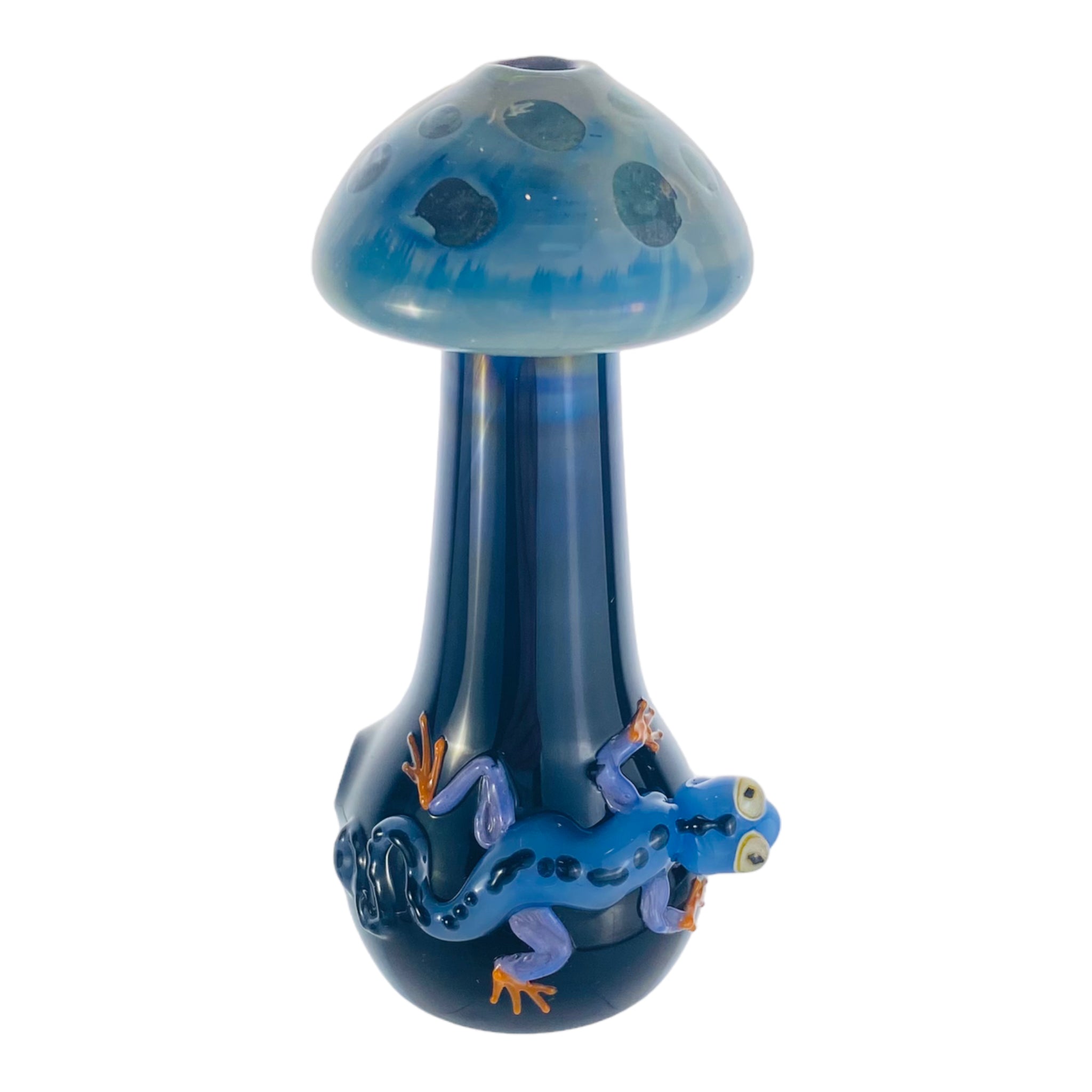Blue Mushroom Shaped Glass Hand Pipe With Blue Gecko On Side