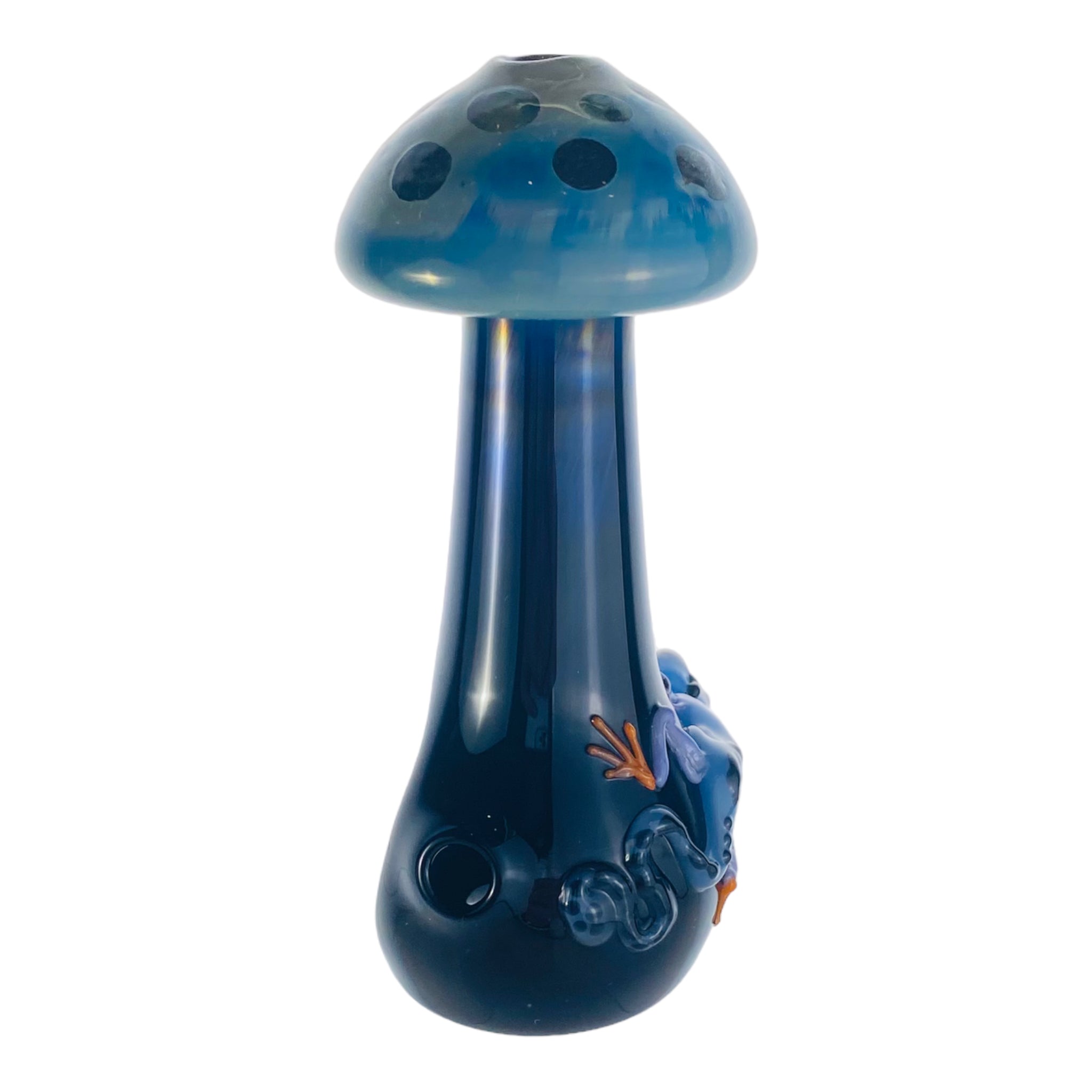 Blue Mushroom Shaped Glass Hand Pipe With Blue Gecko On Side