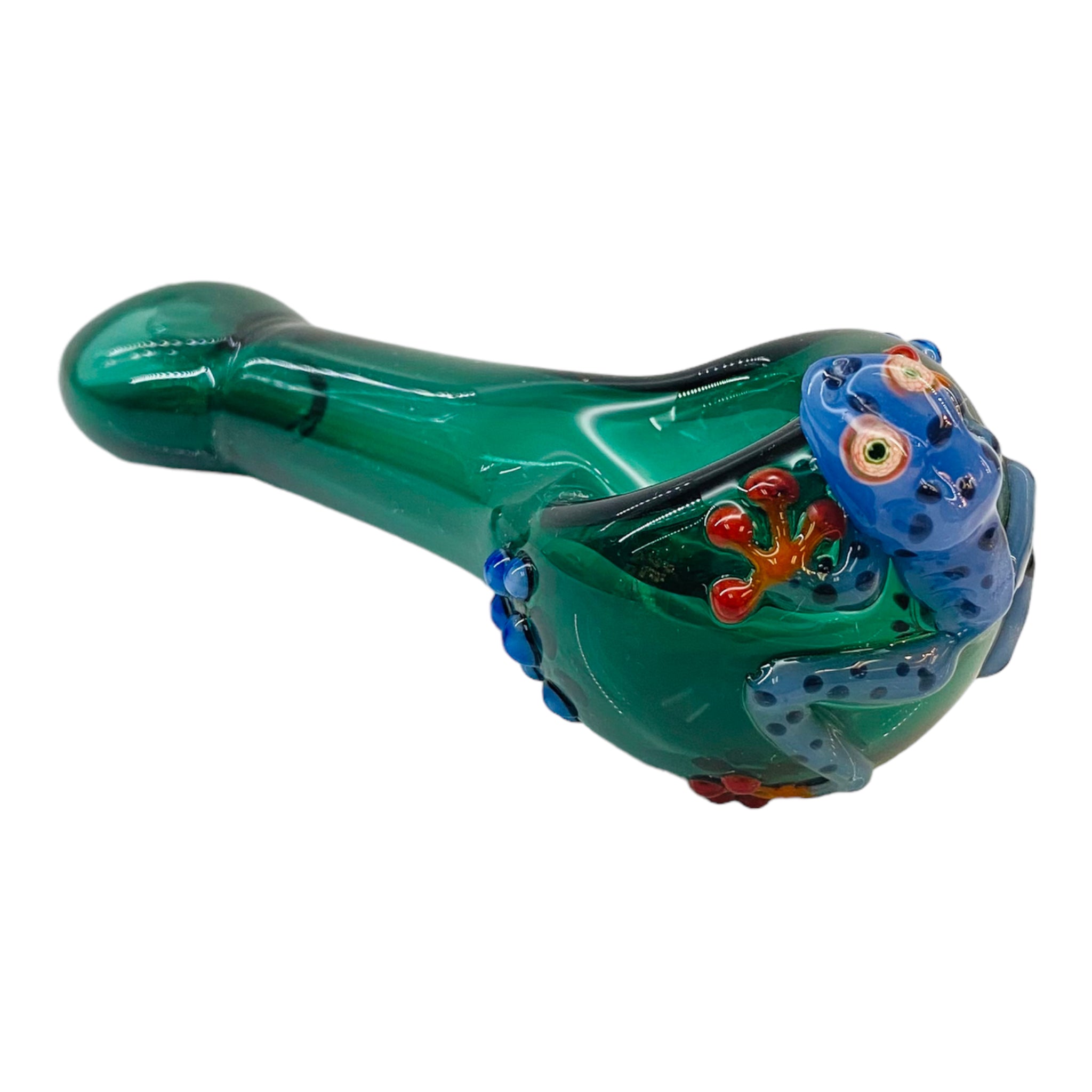 Green Glass Hand Pipe With Blue Dart Frog On End