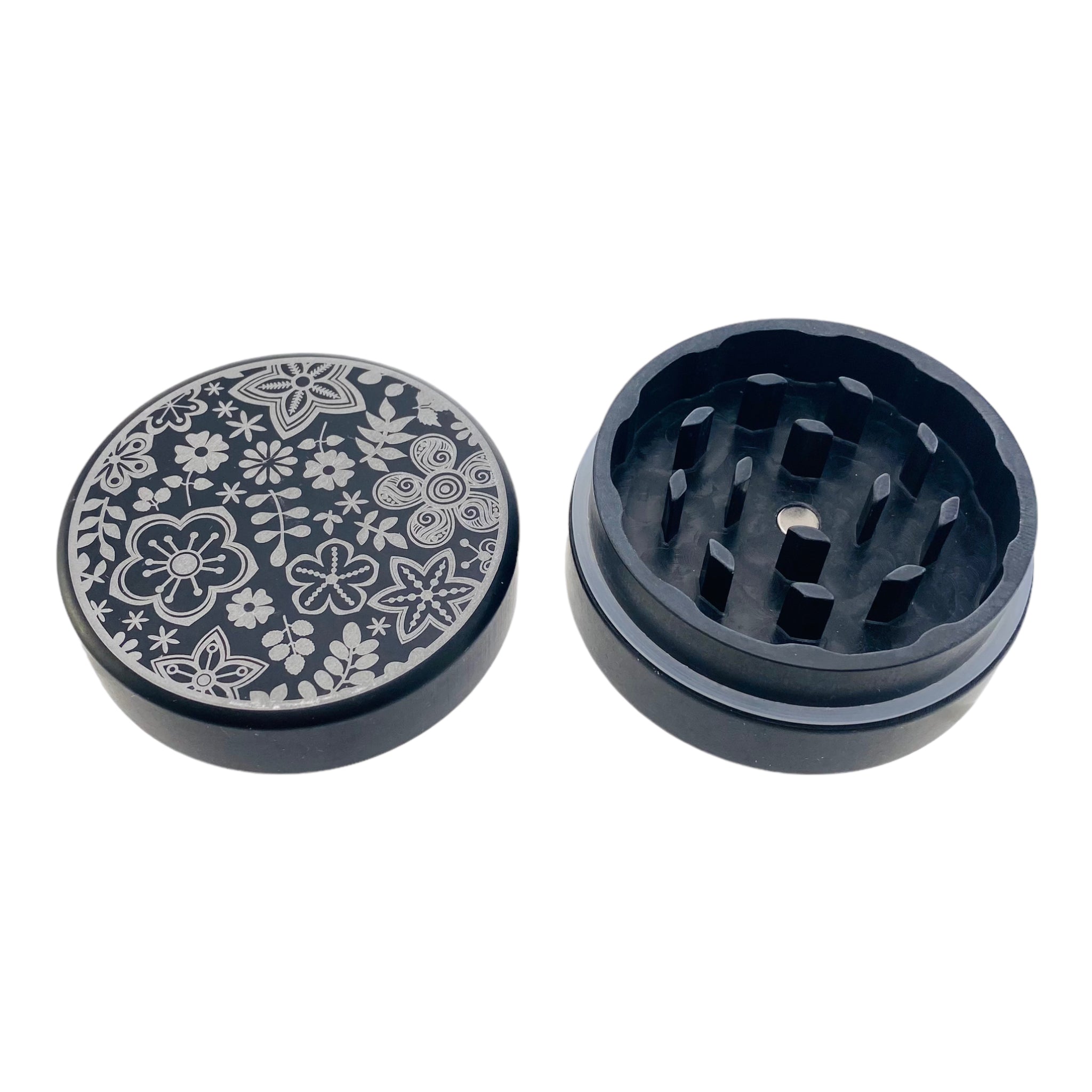 Tahoe Grinders - Black Anodized Aluminum Large Two Piece Herb Grinder With Flowers And Stars