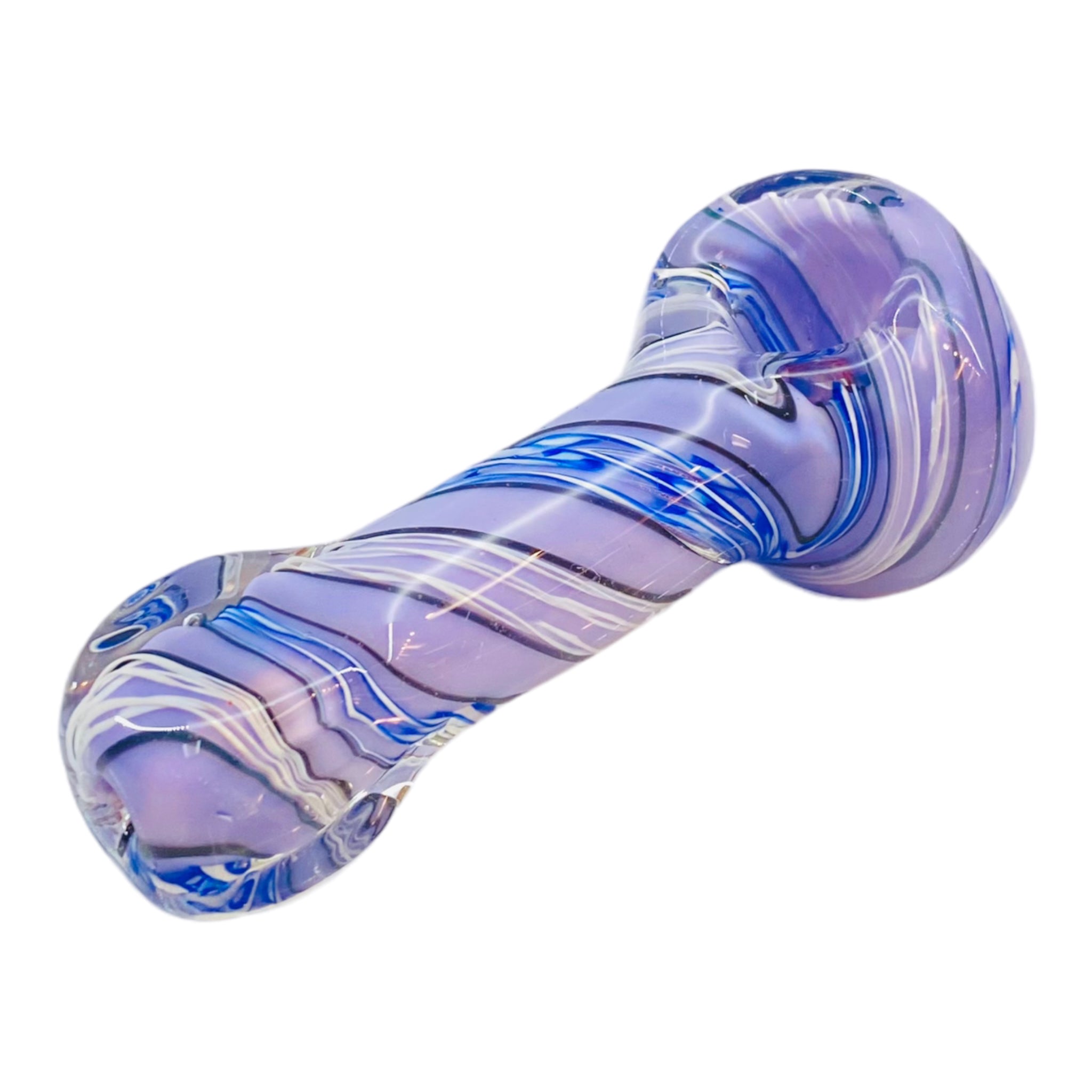 Purple Glass Hand Pipe With Blue, Black, And White Twist