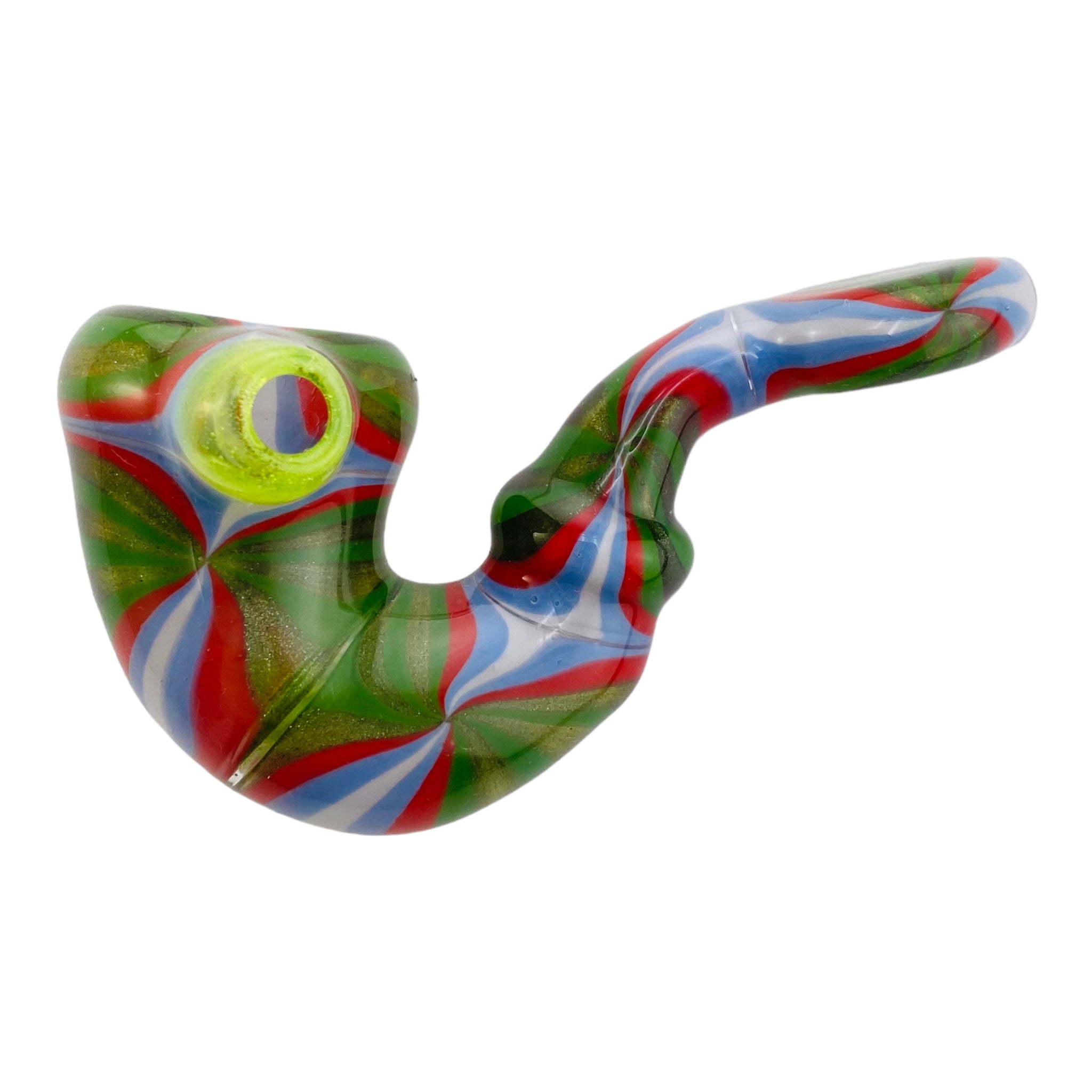 Custom Glass Sherlock Hand Pipe With Red, White, Blue And Green Wig Wag Sections
