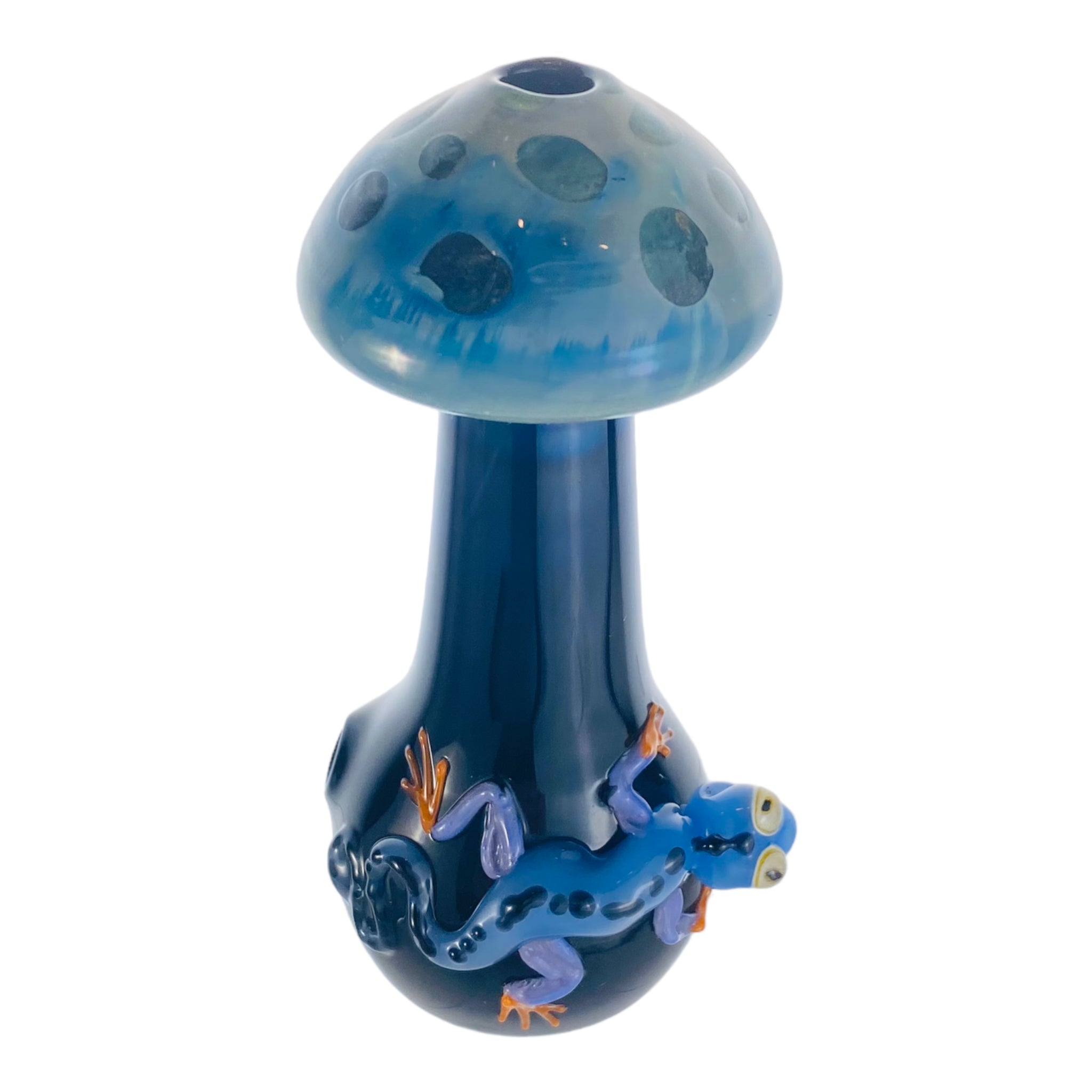 Blue Mushroom Shaped Glass Hand Pipe With Blue Gecko On Side