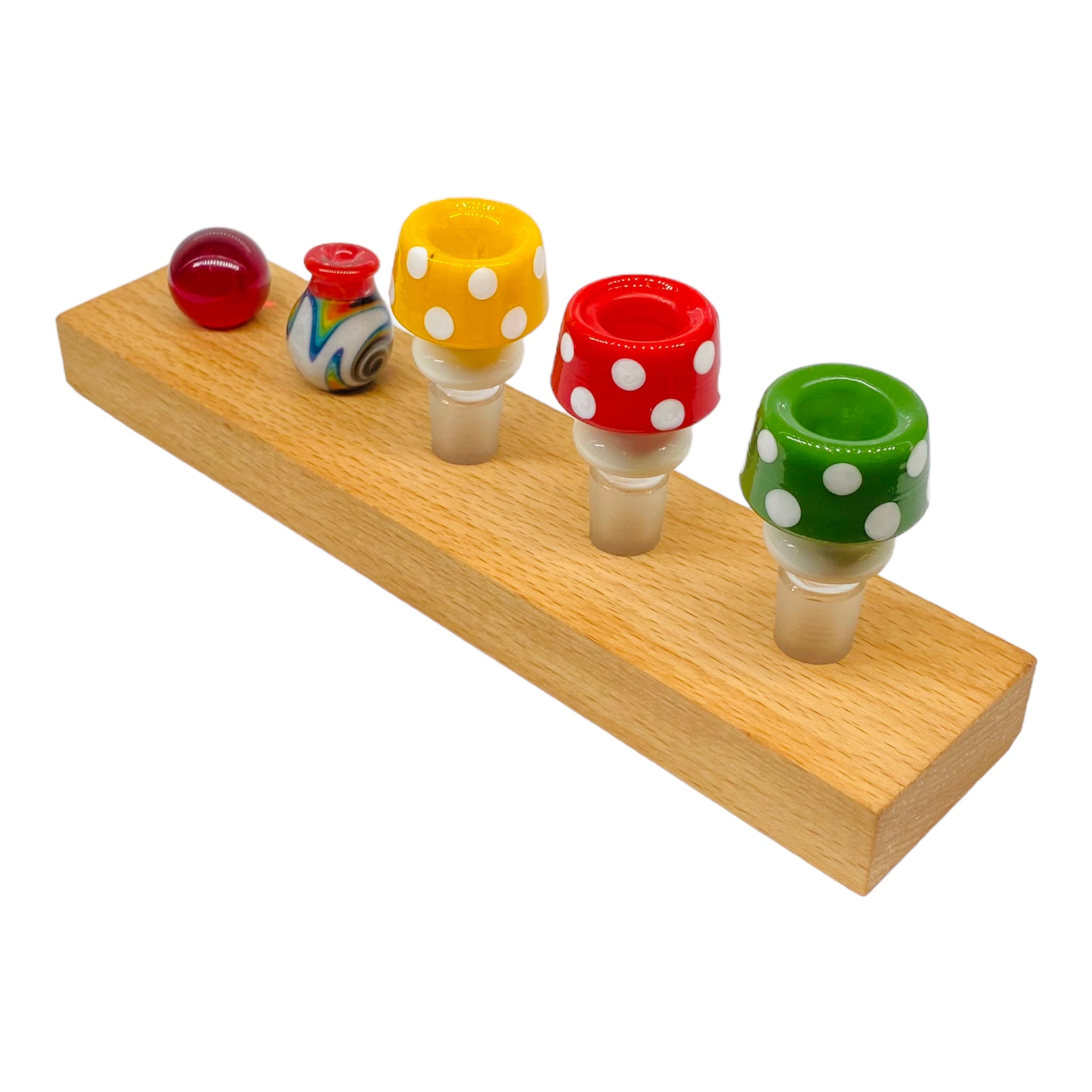 5 Hole Wood Display Stand Holder For 14mm Bong Bowl Pieces Or Quartz Bangers - Cedar Perfect for displaying 14mm Bong Bowl Pieces, Quartz Bangers, Carb Caps, And Marbles.