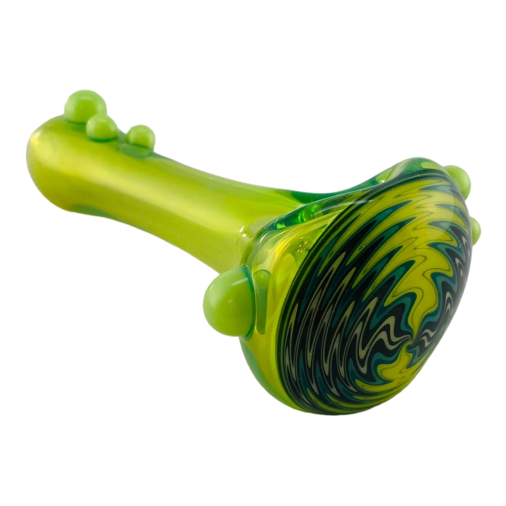 Translucent Green With Yellow/Green/Black Wig Wag End - Glass Hand Pipe