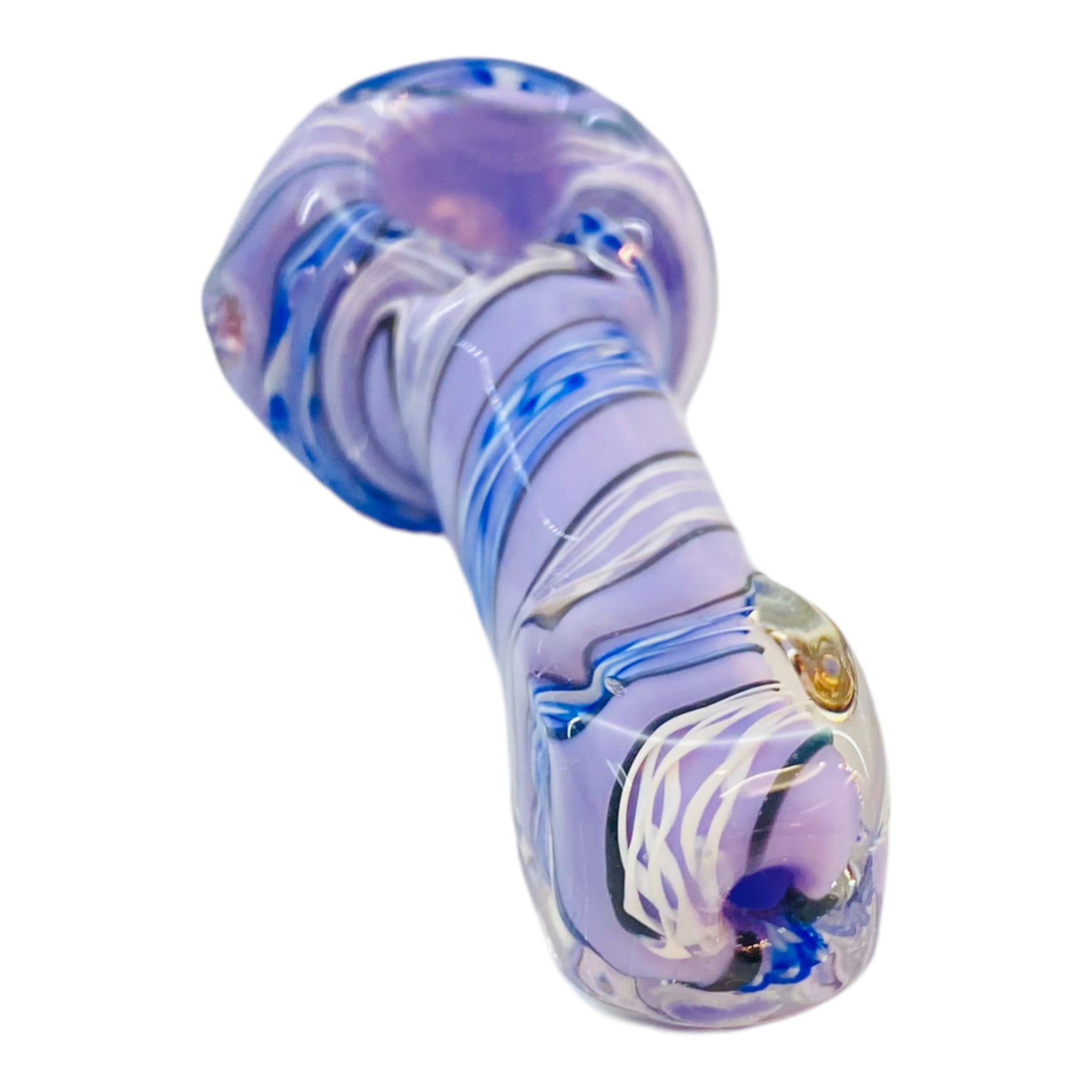 Purple Glass Hand Pipe With Blue, Black, And White Twist