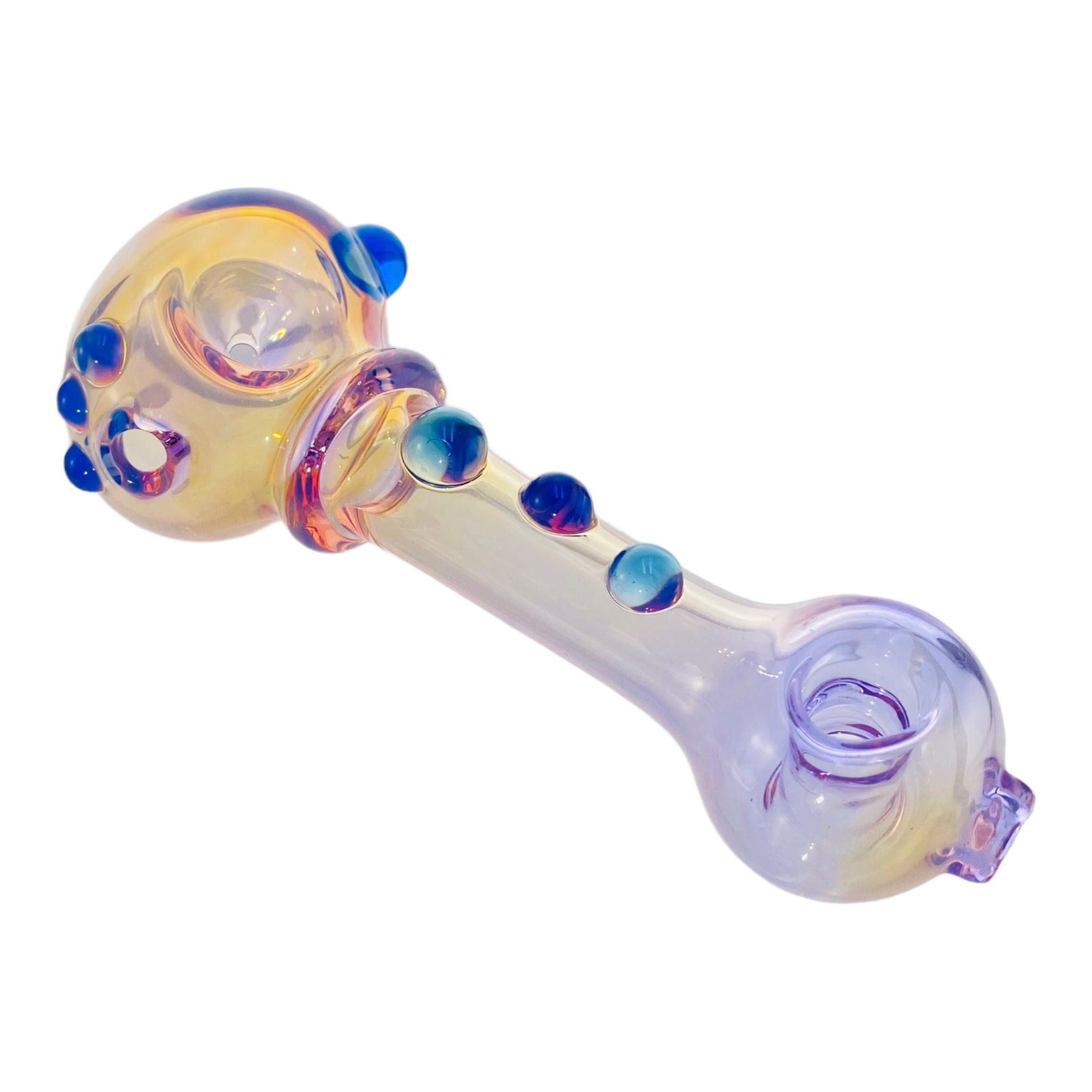 Yellow Silver Fuming Over Purple Glass With Blue Dots Glass Hand Pipe