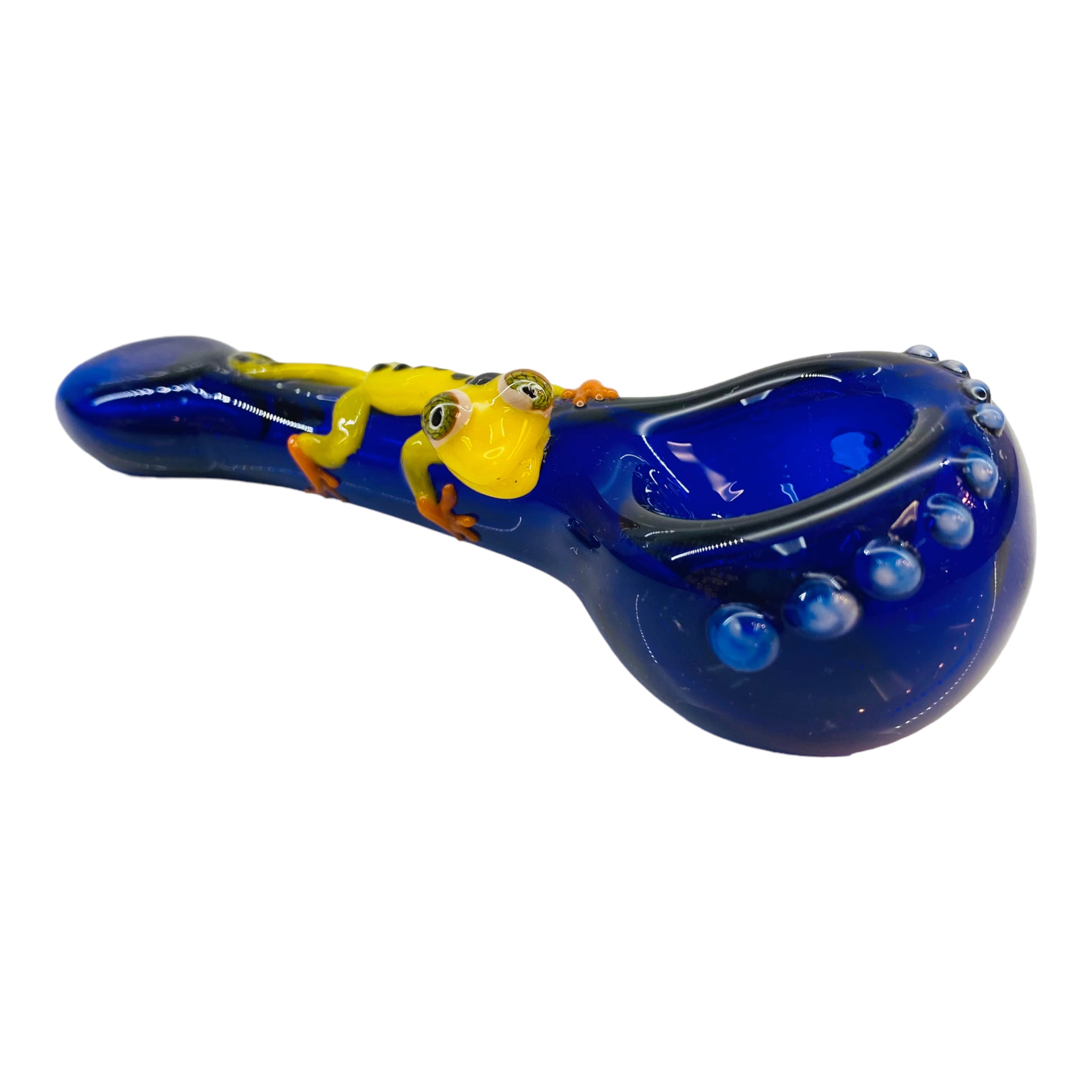Blue Glass Hand Pipe With Small Cute Yellow Gecko Lizard