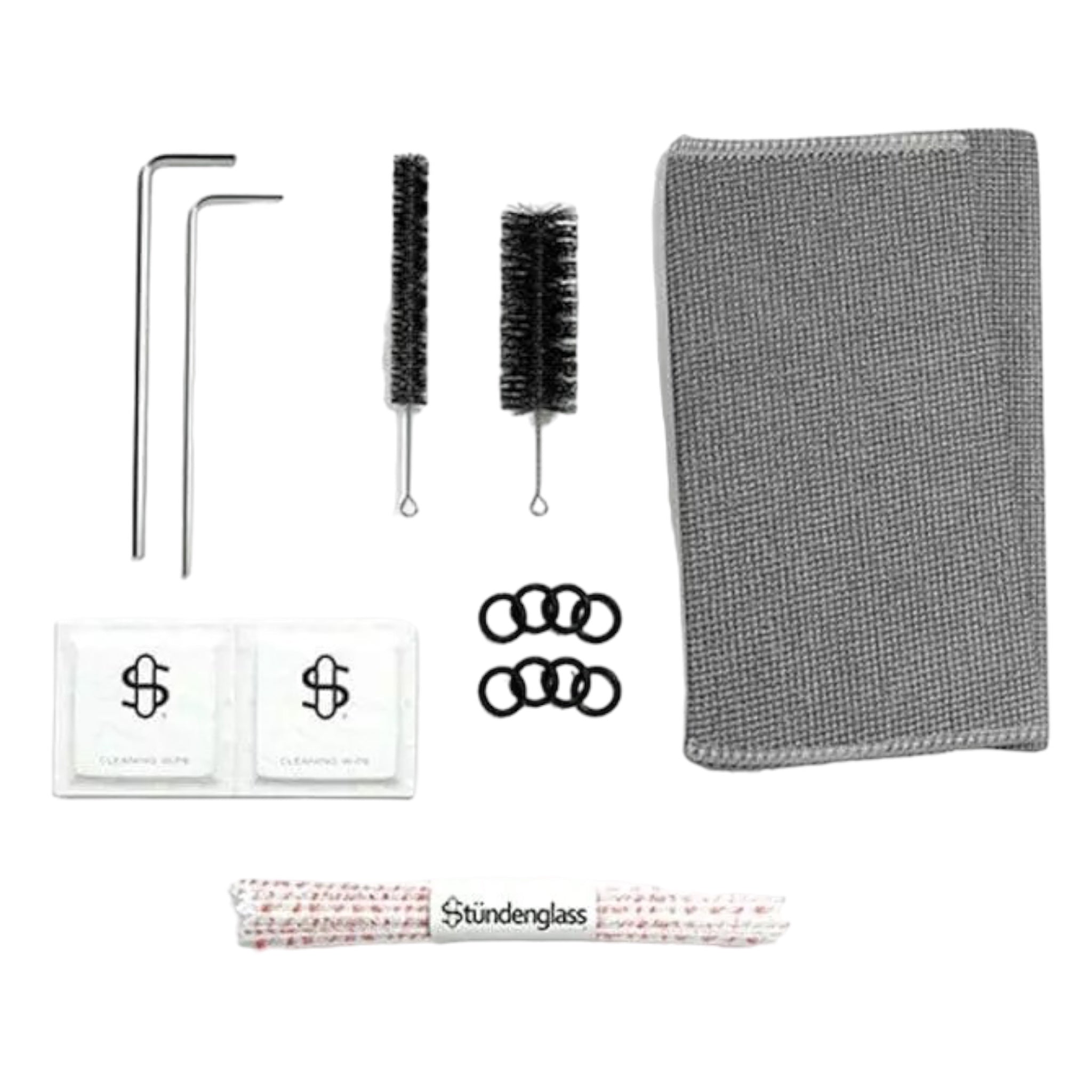 Cleaning Kit for Stundenglass Gravity Infuser Includes alcohol wipes, 2 nylon brushes, chenille stems, spare o-rings, cleaning towel and a hex key for removing the Mouthpiece Elbow.