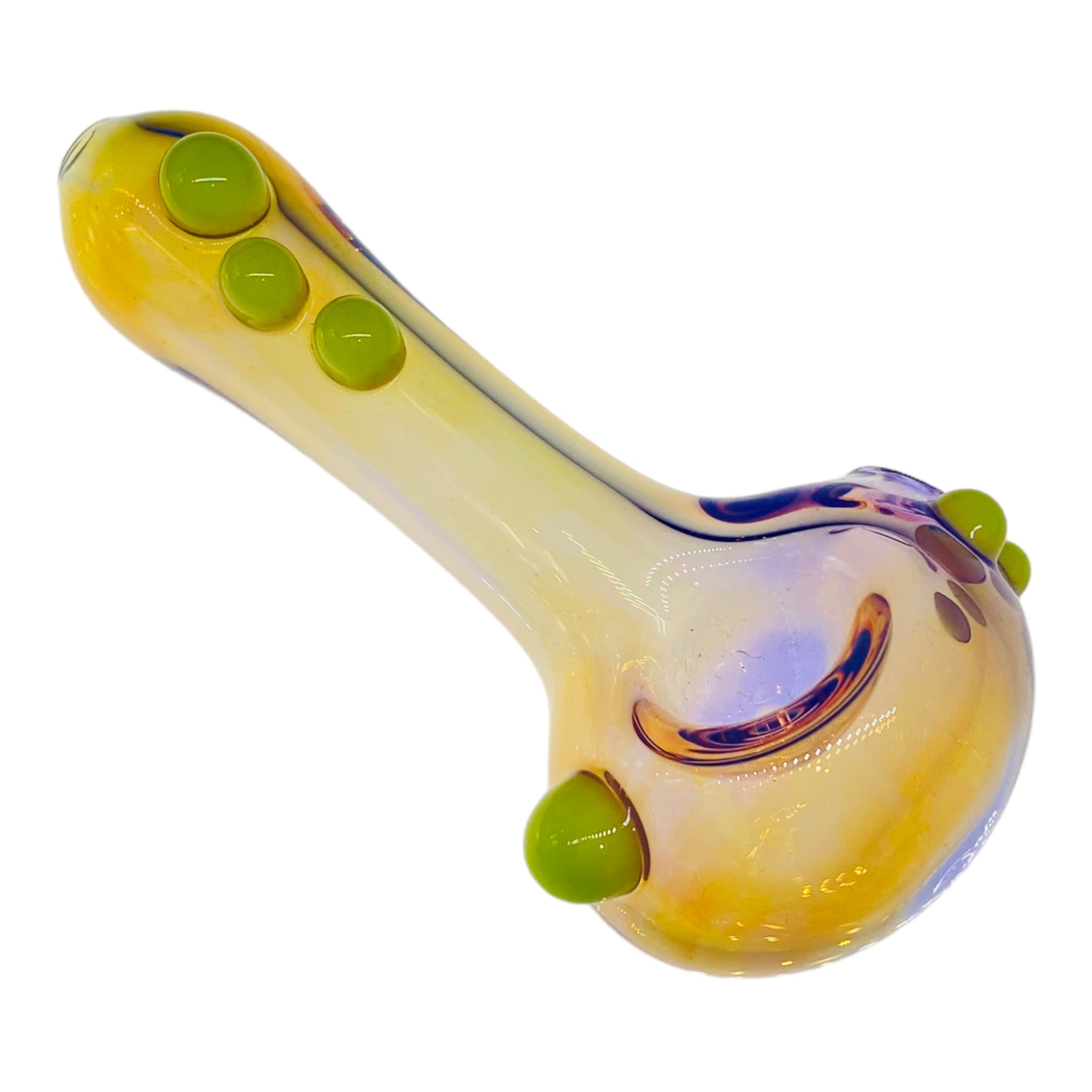 Yellow Fume Over Translucent Purple With Slime Green Dot Accents Glass Hand Pipe