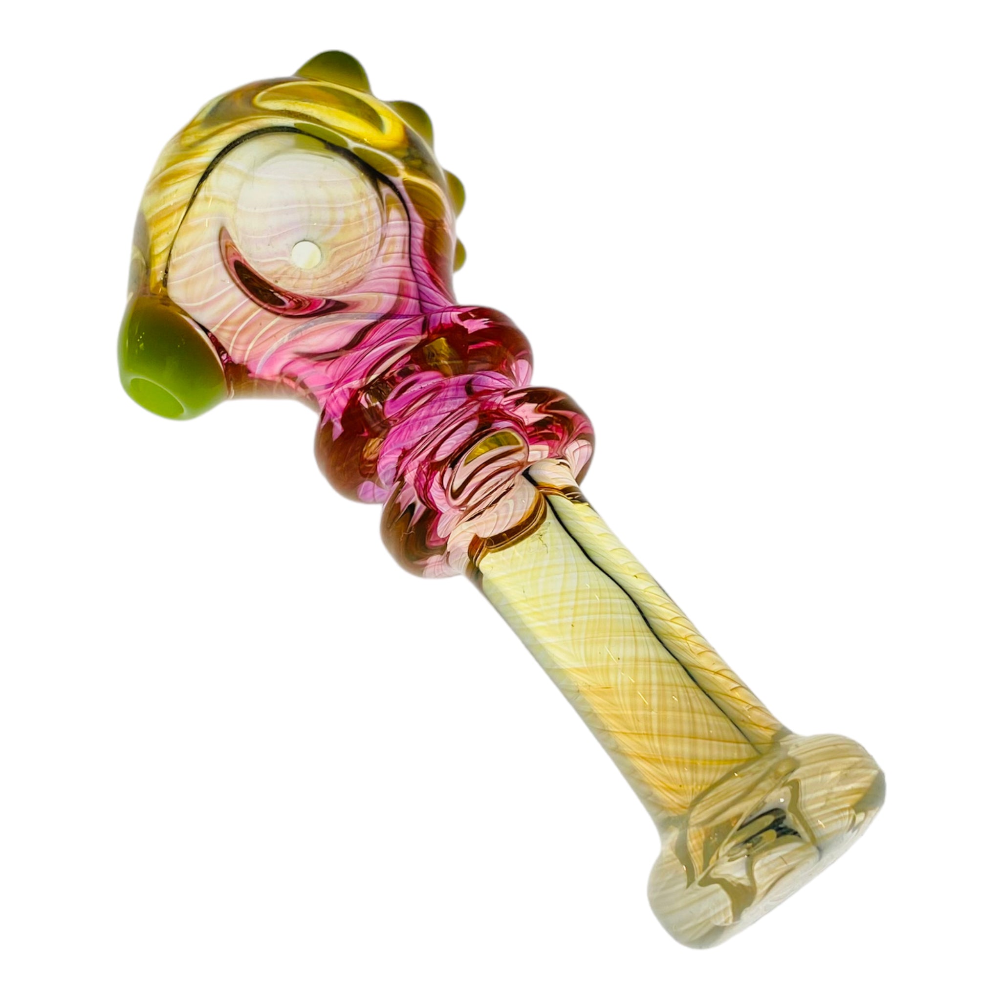 Pink And Yellow Inside Out Glass Hand Pipe With Green Carb