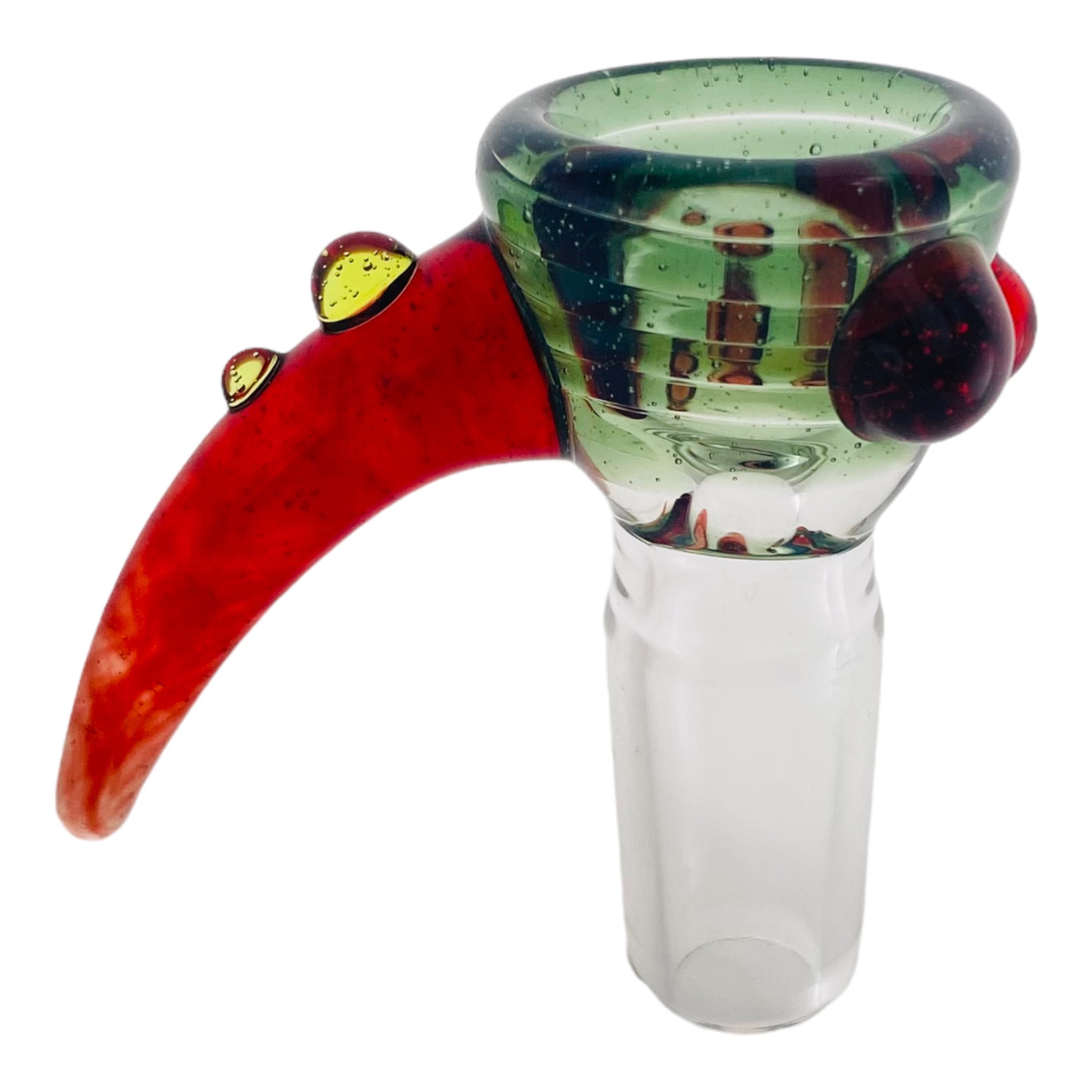 Arko Glass - 14mm Flower Bowl - Green Bowl With Red Handle Horn And Green And Red Dots