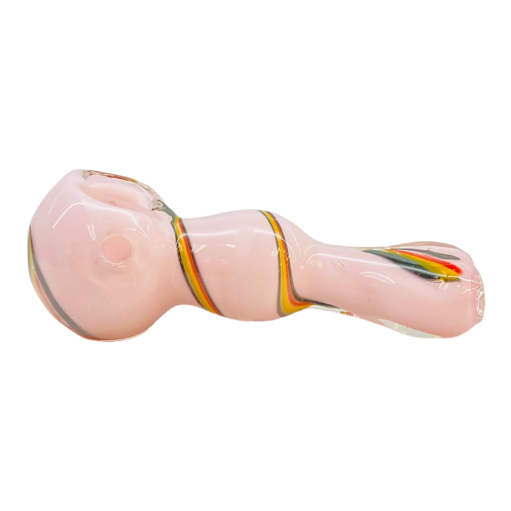 side view Pink Glass Hand Pipe With Rasta Linework Twirl And Flat Mouthpiece