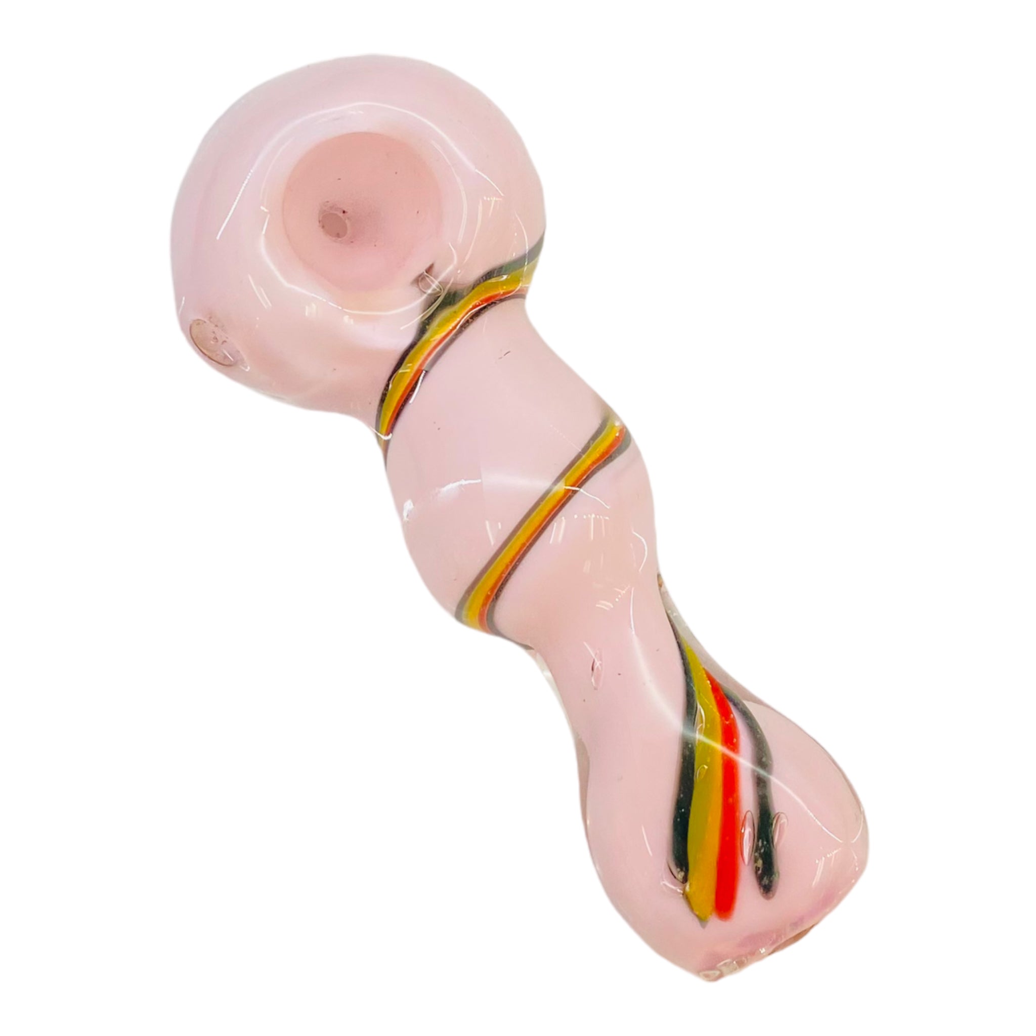 Pink Glass Hand Pipe With Rasta Linework Twirl And Flat Mouthpiece