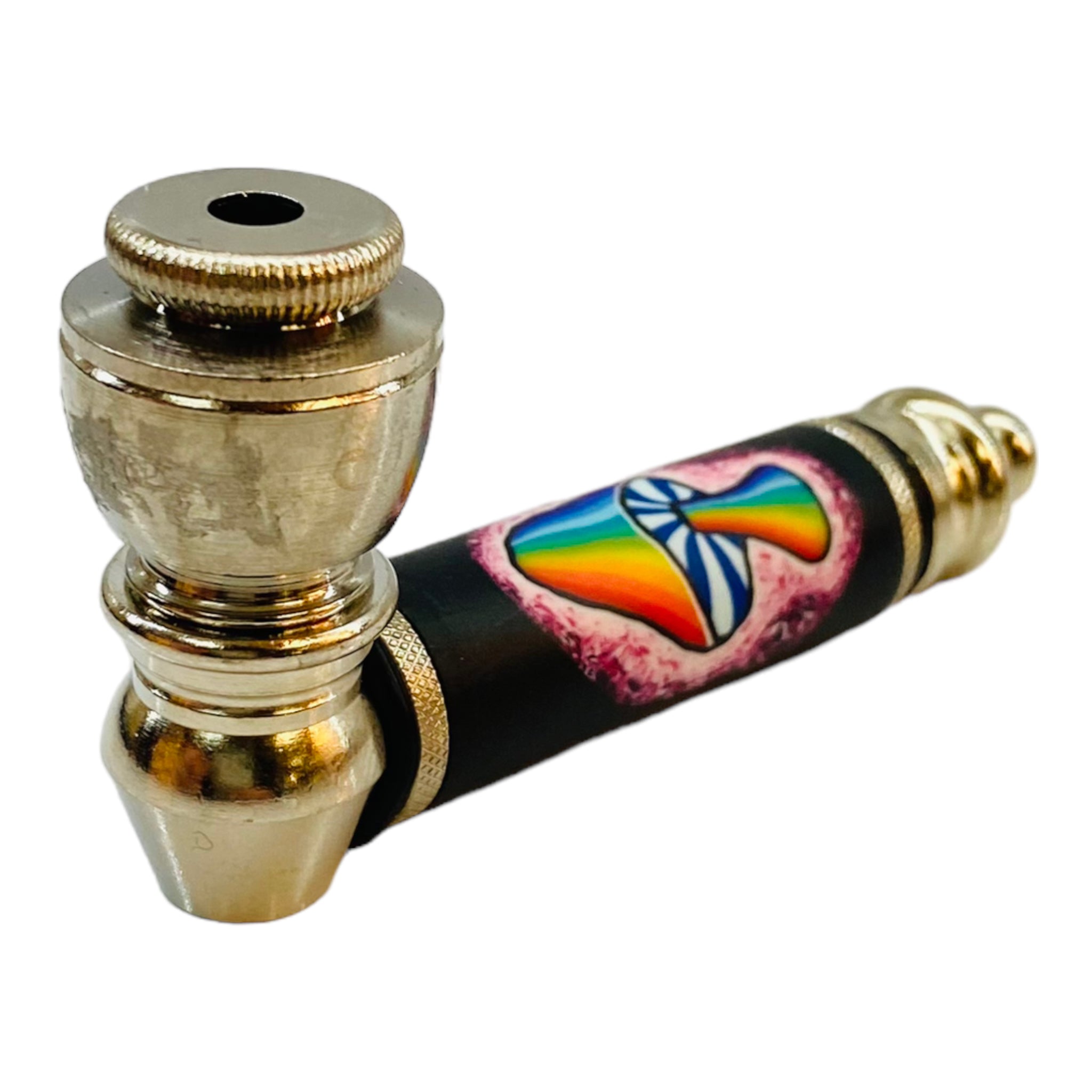 Metal Hand Pipes - Silver Chrome Hand Pipe With Magical Rainbow Mushroom