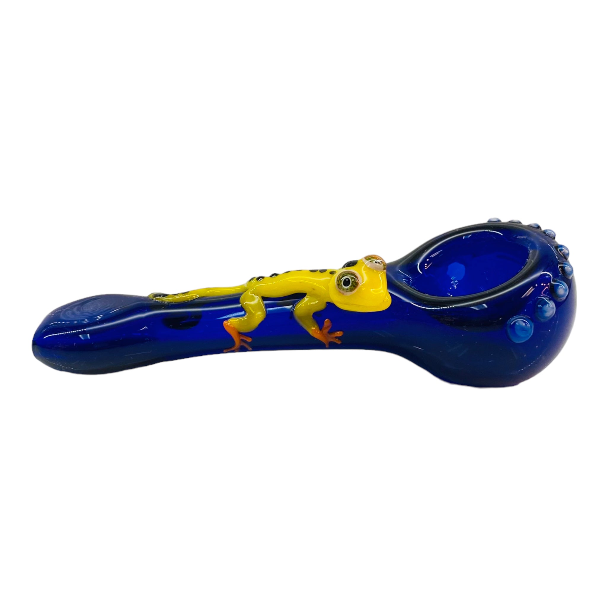 Blue Glass Hand Pipe With Small Cute Yellow Gecko Lizard