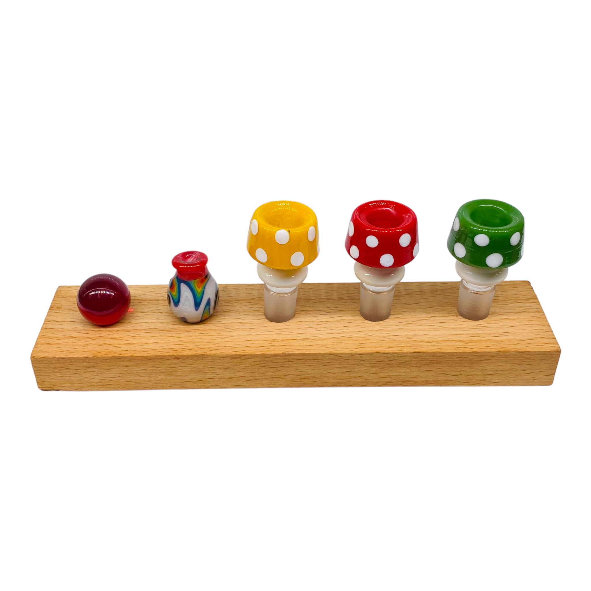 5 Hole Wood Display Stand Holder For 14mm Bong Bowl Pieces Or Quartz Bangers - Cedar Perfect for displaying 14mm Bong Bowl Pieces, Quartz Bangers, Carb Caps, And Marbles.