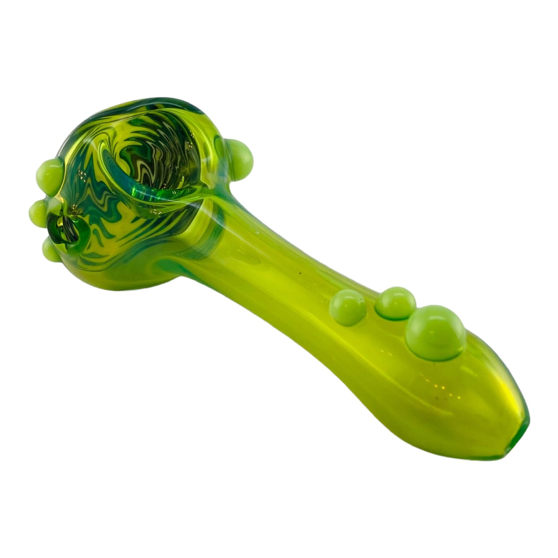 Translucent Green With Yellow/Green/Black Wig Wag End - Glass Hand Pipe