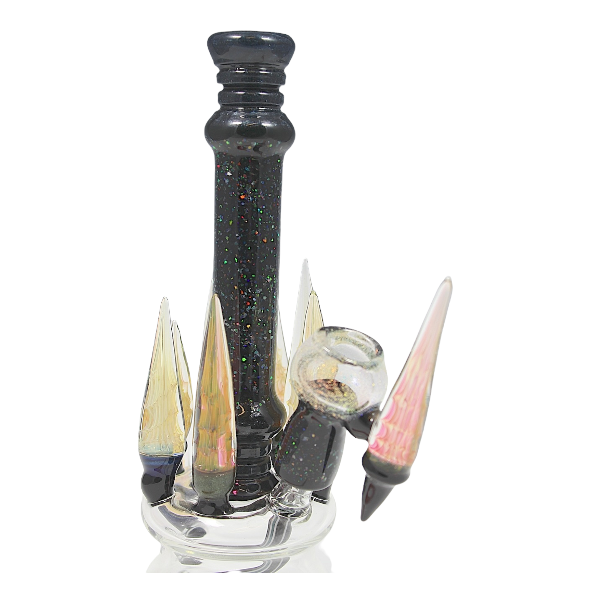 Joel Halen Glass - Crushed Opal Minitube With Multiple Fumed Horns And Matching Tool Dab Set