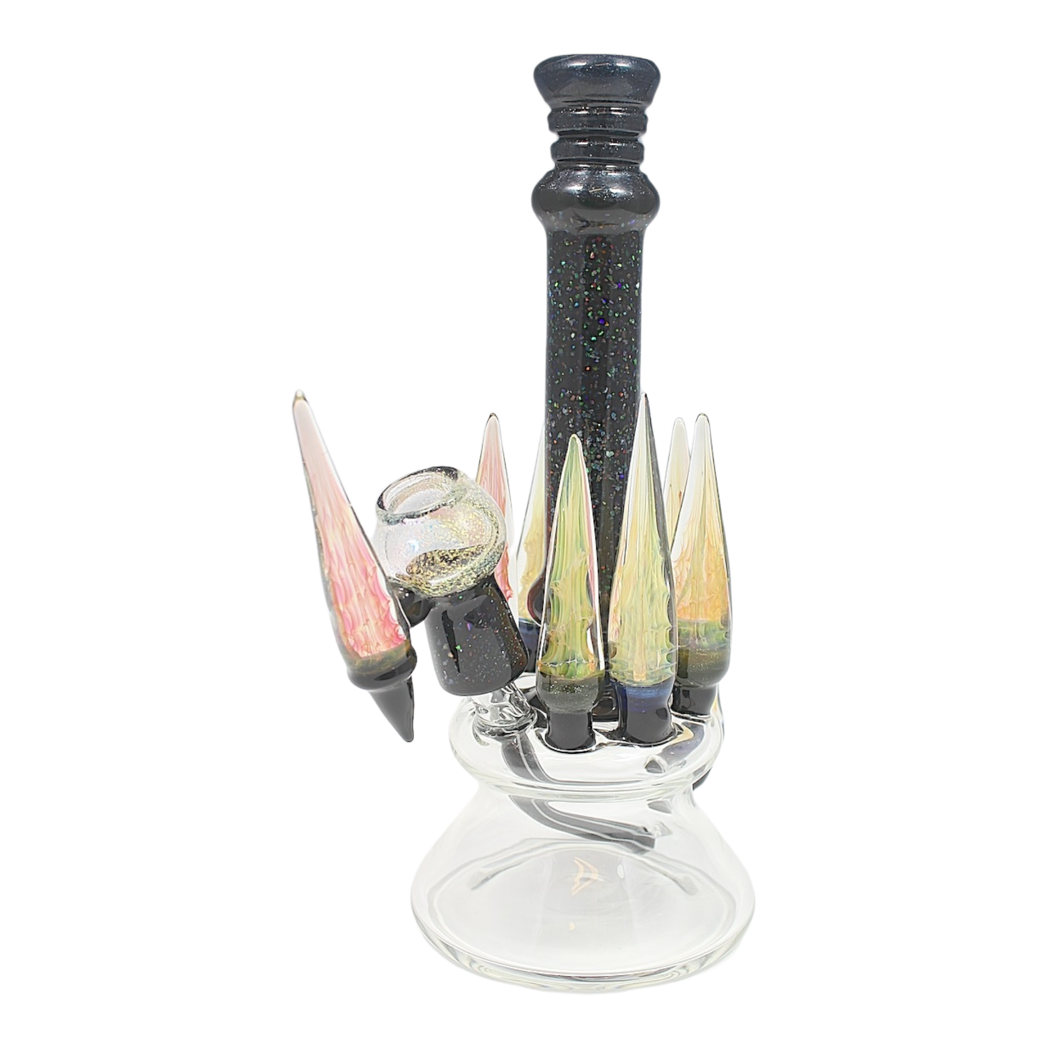 Joel Halen Glass - Crushed Opal Minitube With Multiple Fumed Horns And Matching Tool Dab Set