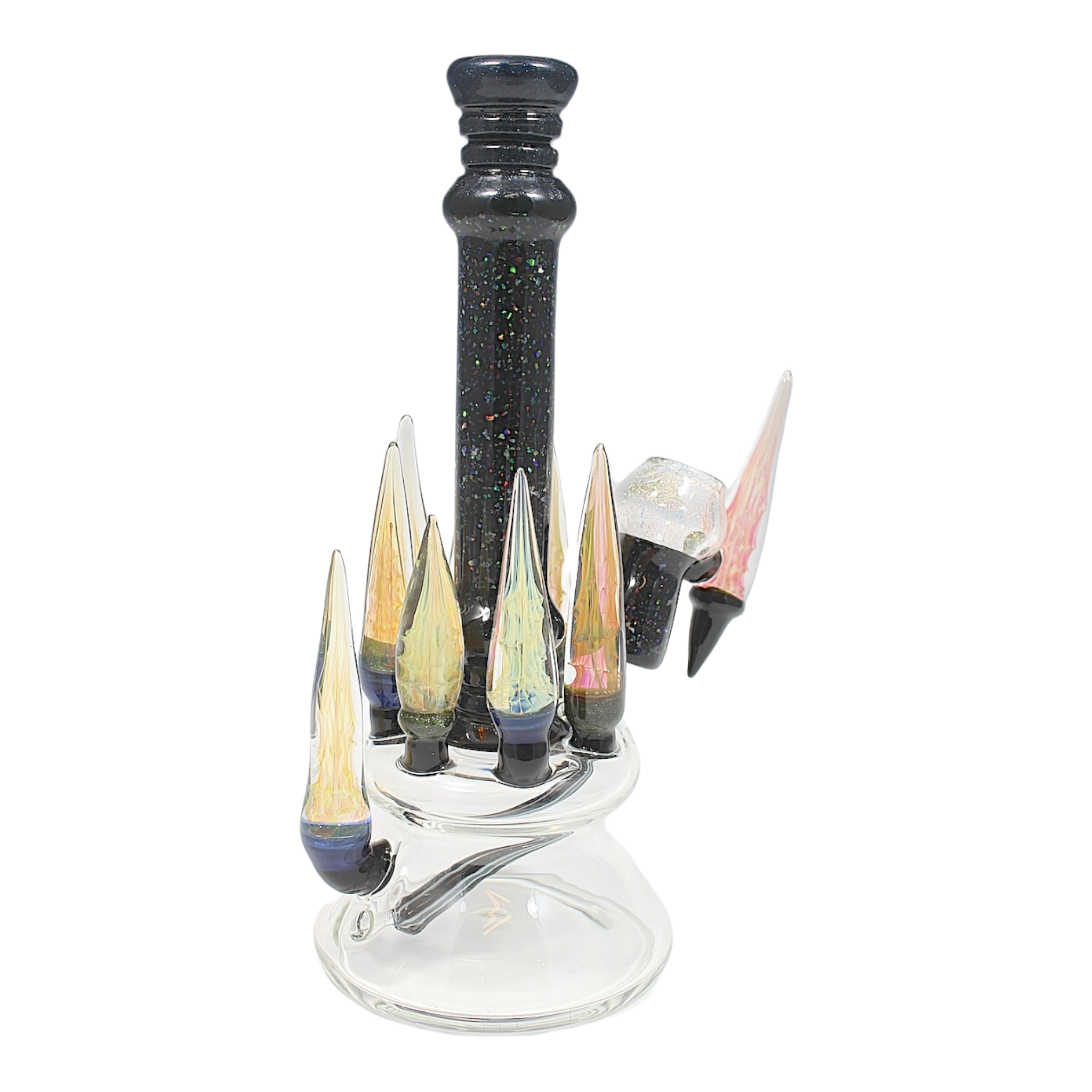 Joel Halen Glass - Crushed Opal Minitube With Multiple Fumed Horns And Matching Tool Dab Set