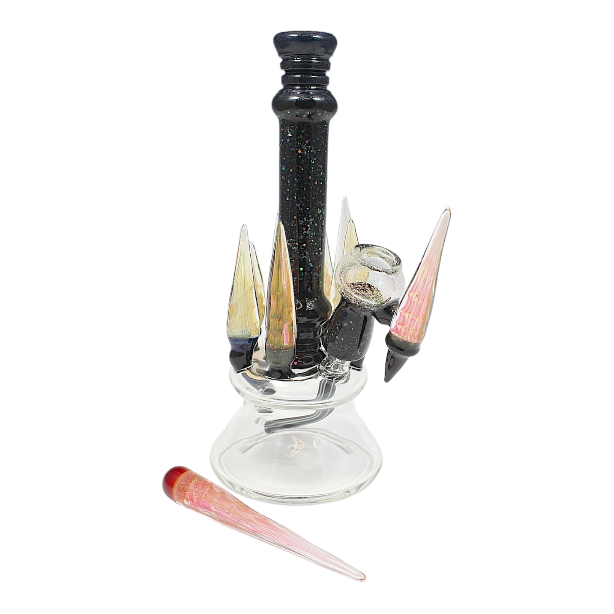 Joel Halen Glass - Crushed Opal Minitube With Multiple Fumed Horns And Matching Tool Dab Set